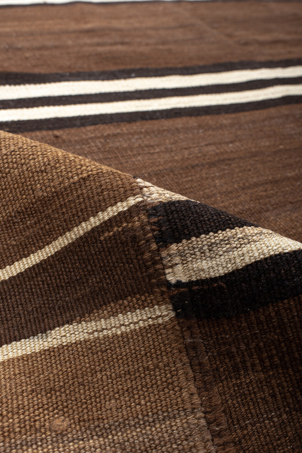 8' x 10' one-of-a-kind handmade vintage Kilim large size rug. Color palette: brown, taupe, ivory, camel, charcoal, beige