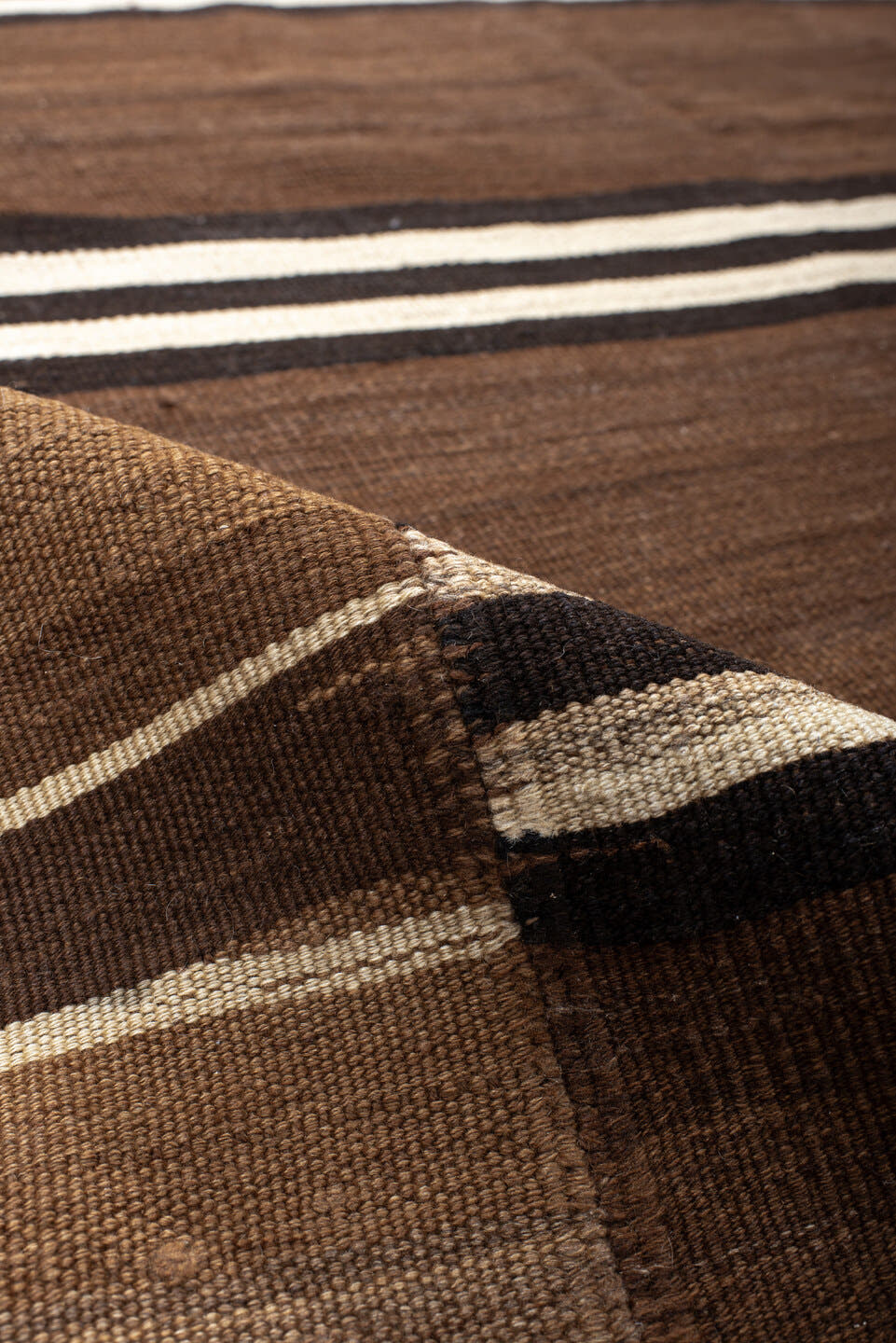8' x 10' one-of-a-kind handmade vintage Kilim large size rug. Color palette: brown, taupe, ivory, camel, charcoal, beige