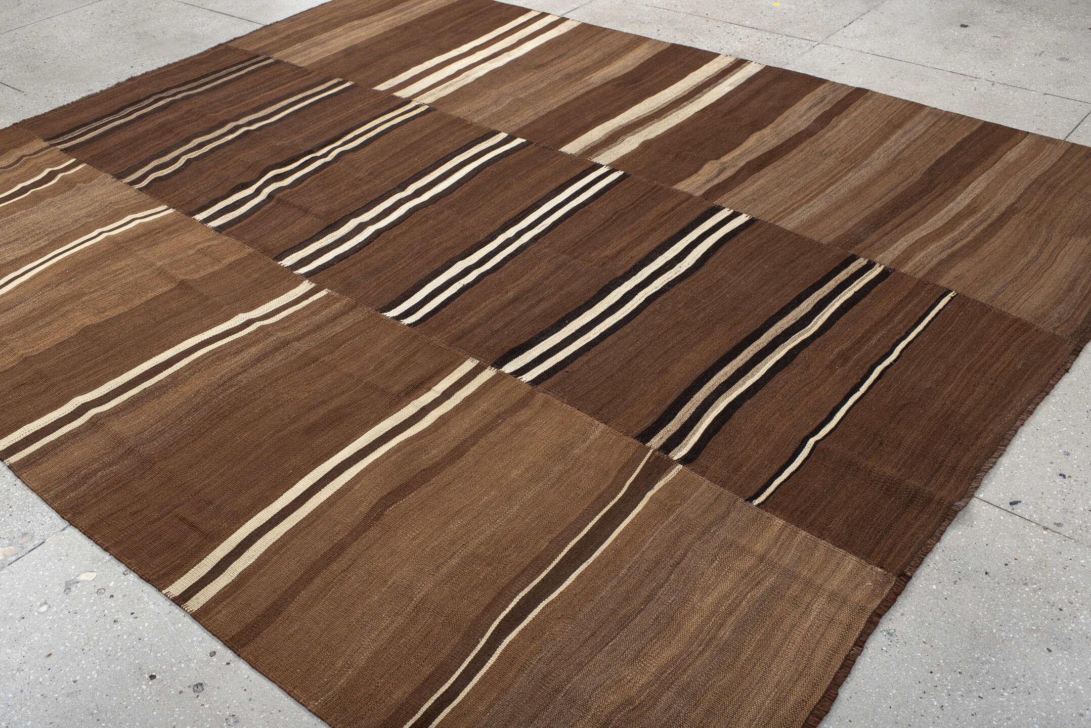 8' x 10' one-of-a-kind handmade vintage Kilim large size rug. Color palette: brown, taupe, ivory, camel, charcoal, beige
