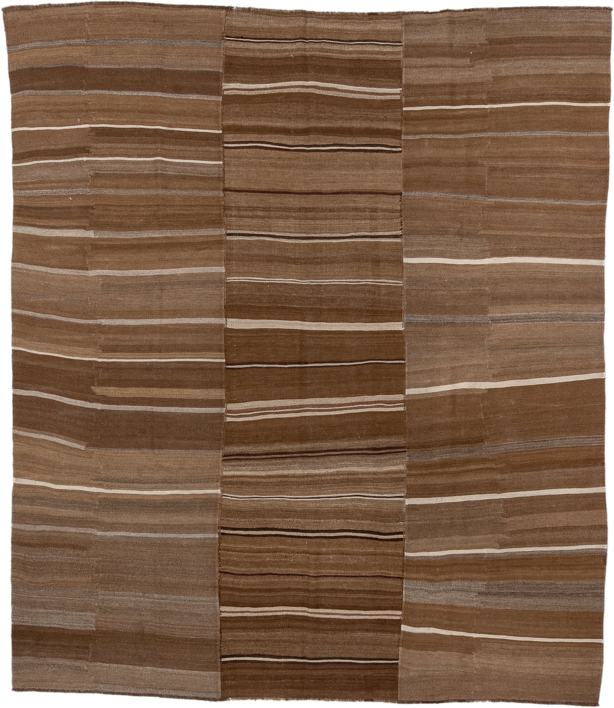9' x 10' one-of-a-kind handmade vintage Kilim large size rug. Color palette: brown, taupe, camel, ivory, charcoal, beige