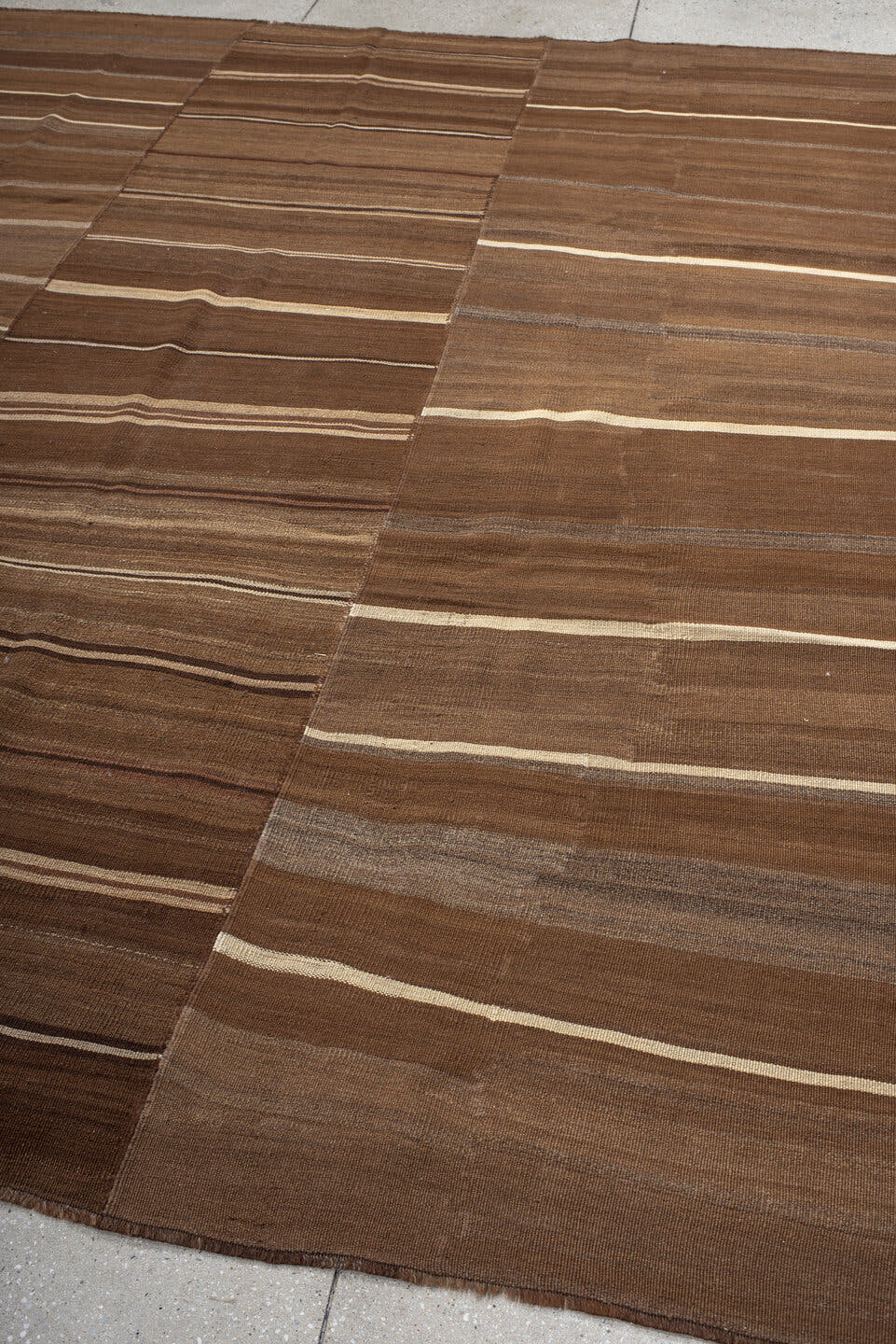 9' x 10' one-of-a-kind handmade vintage Kilim large size rug. Color palette: brown, taupe, camel, ivory, charcoal, beige