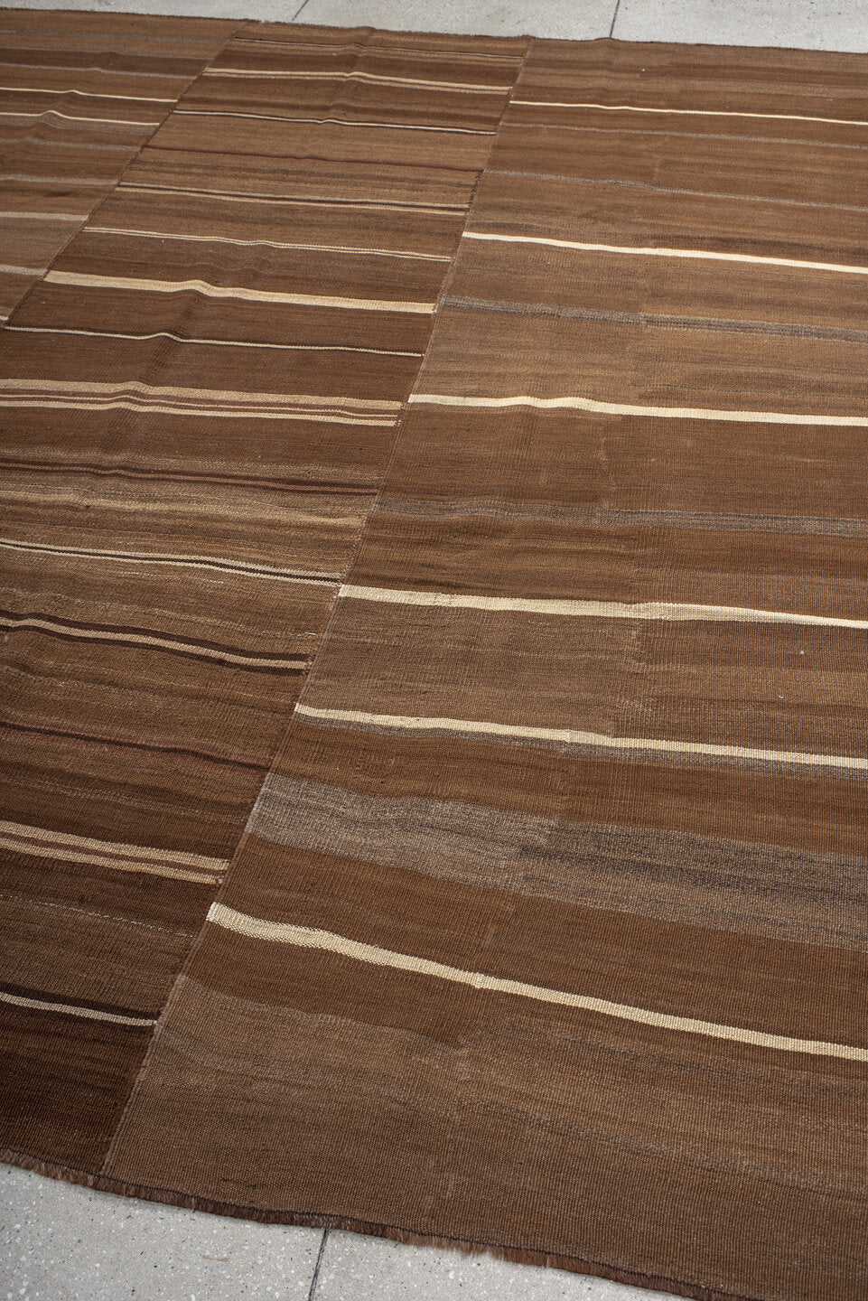 9' x 10' one-of-a-kind handmade vintage Kilim large size rug. Color palette: brown, taupe, camel, ivory, charcoal, beige