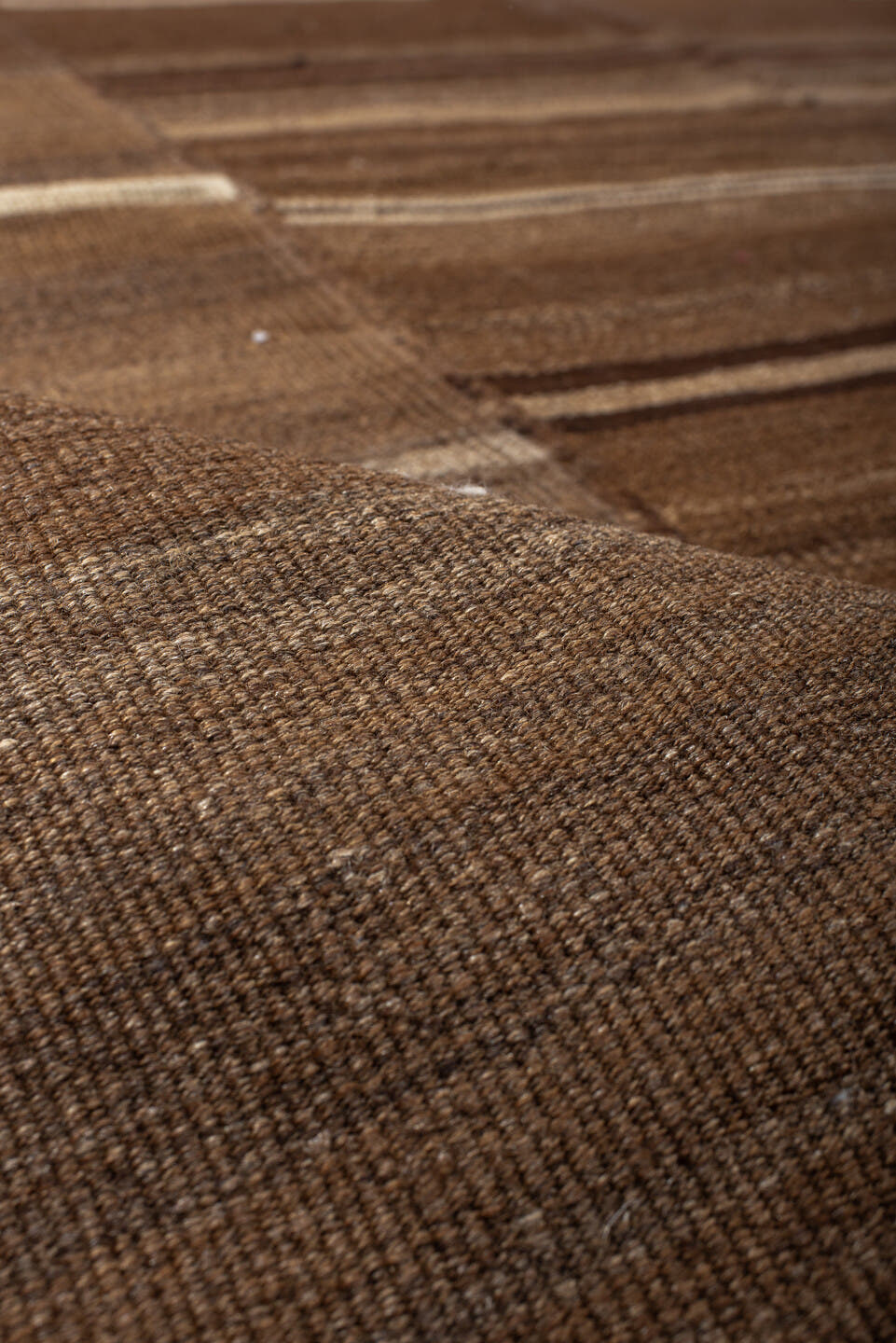 9' x 10' one-of-a-kind handmade vintage Kilim large size rug. Color palette: brown, taupe, camel, ivory, charcoal, beige