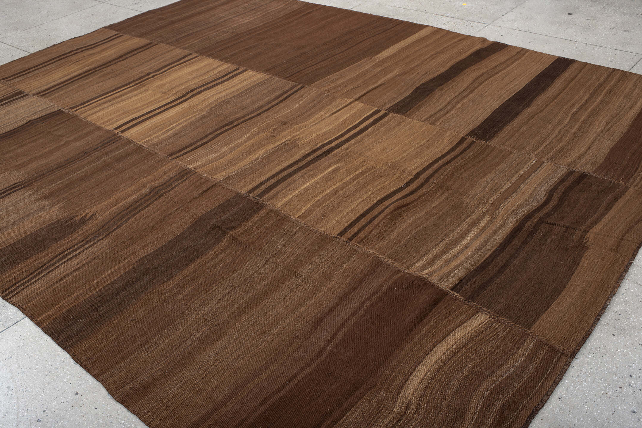 9' x 12' one-of-a-kind handmade vintage Kilim large size rug. Color palette: brown, gray