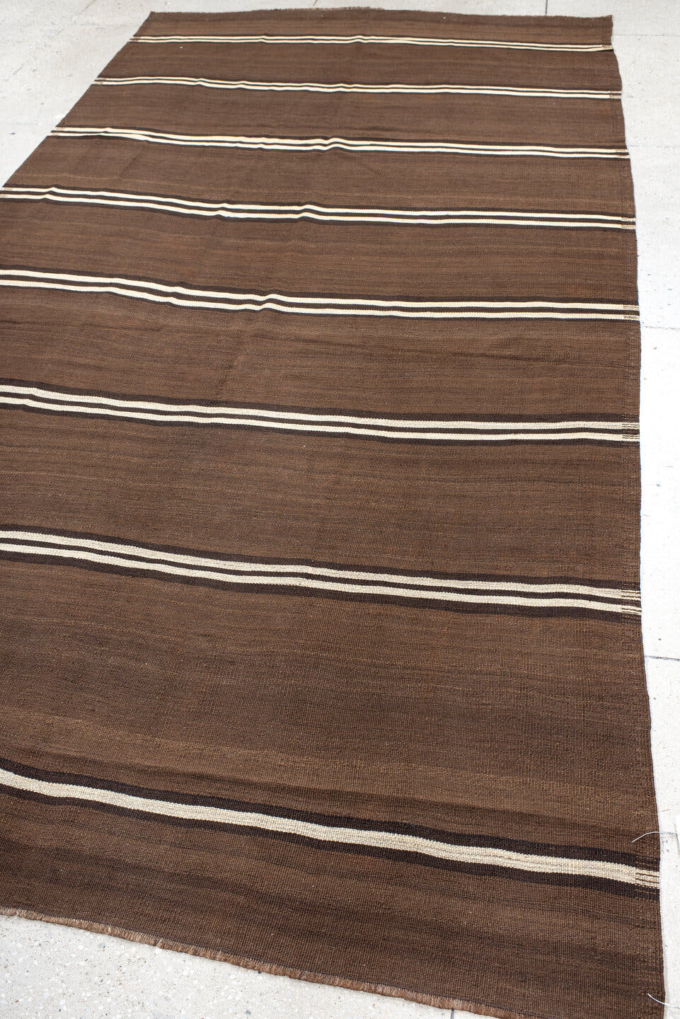 6' x 12' one-of-a-kind handmade vintage Kilim large size rug. Color palette: brown, ivory, dark_brown, taupe, beige, gray