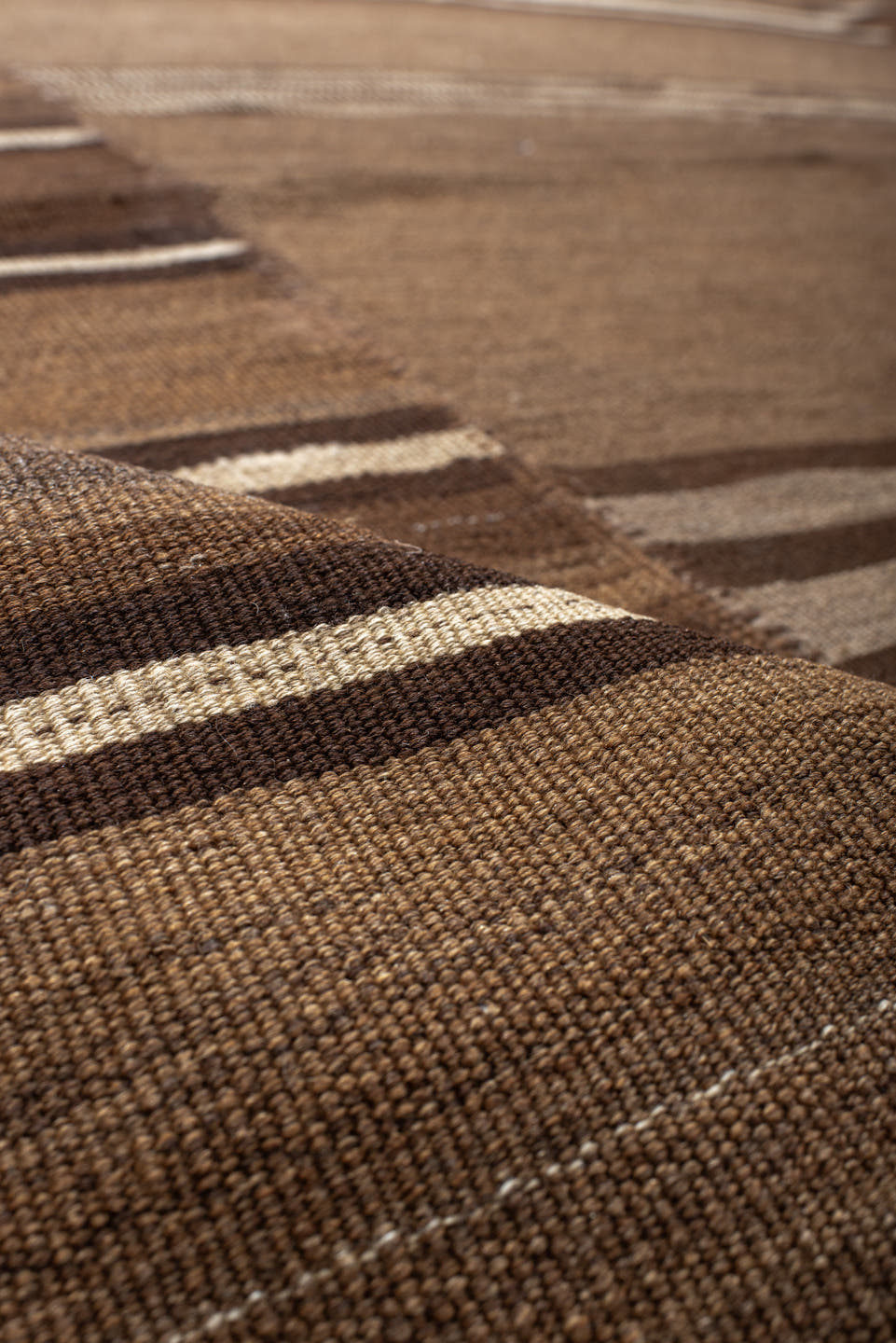 8' x 10' one-of-a-kind handmade vintage Kilim large size rug. Color palette: brown, taupe, camel, ivory, charcoal, beige