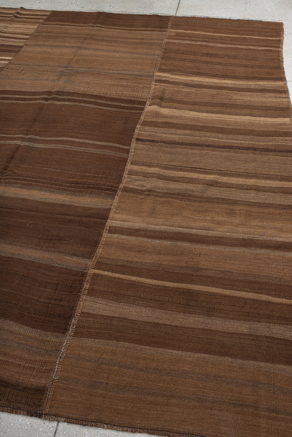 9' x 10' one-of-a-kind handmade vintage Kilim large size rug. Color palette: brown, taupe, camel, ivory, charcoal, beige