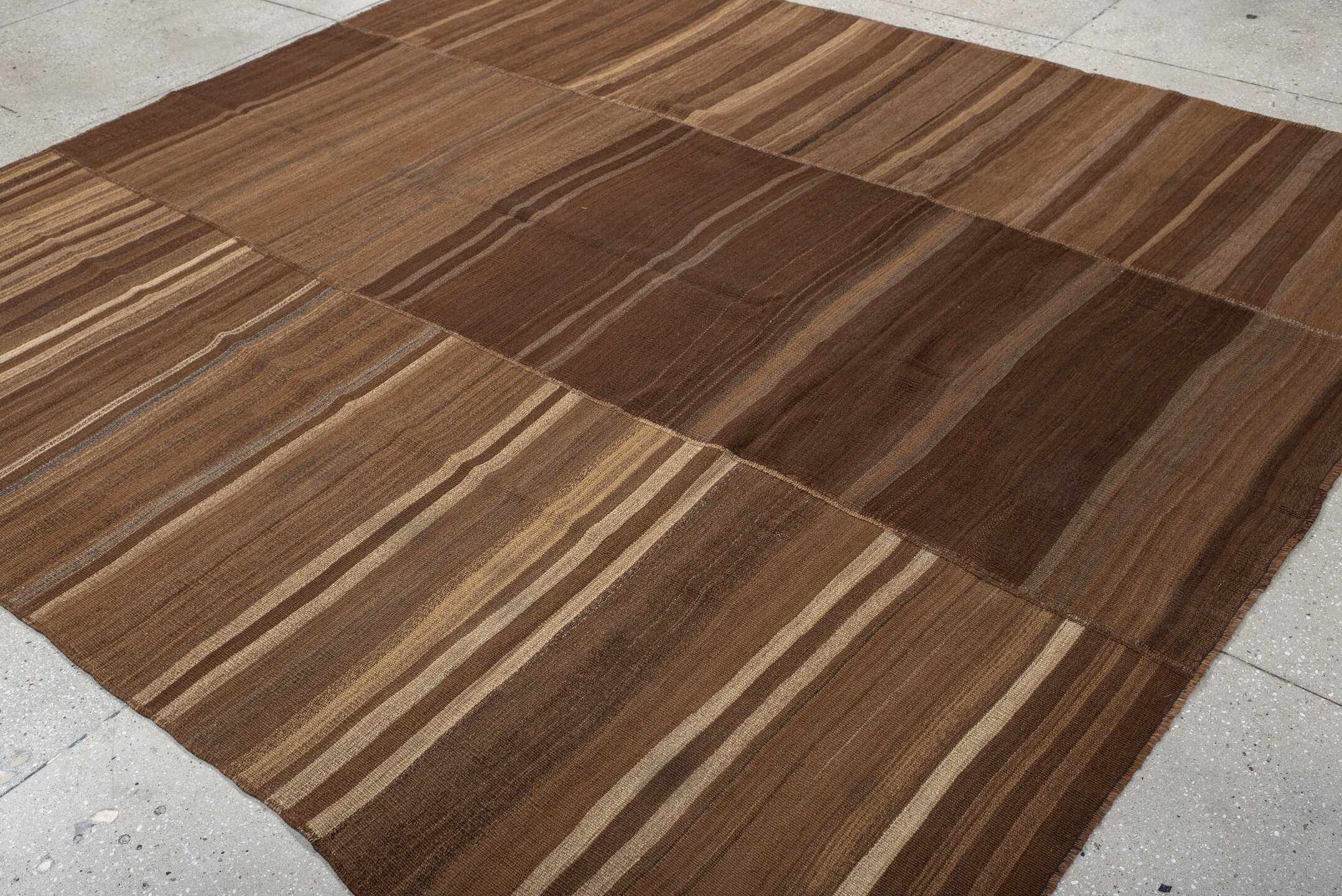 9' x 10' one-of-a-kind handmade vintage Kilim large size rug. Color palette: brown, taupe, camel, ivory, charcoal, beige