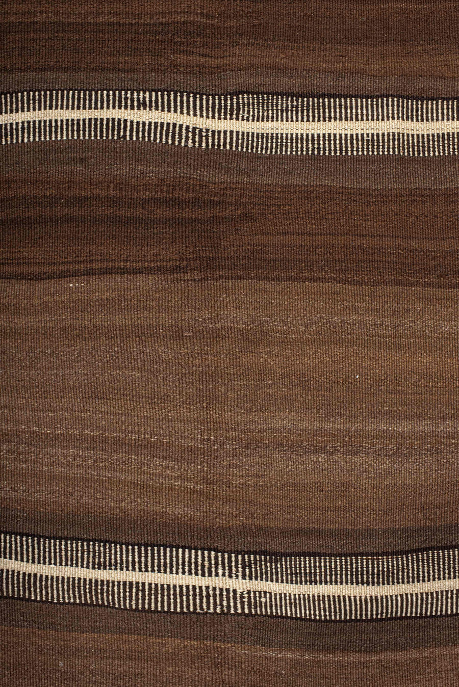 9' x 11' one-of-a-kind handmade vintage Kilim large size rug. Color palette: brown, taupe, camel, ivory, charcoal, beige