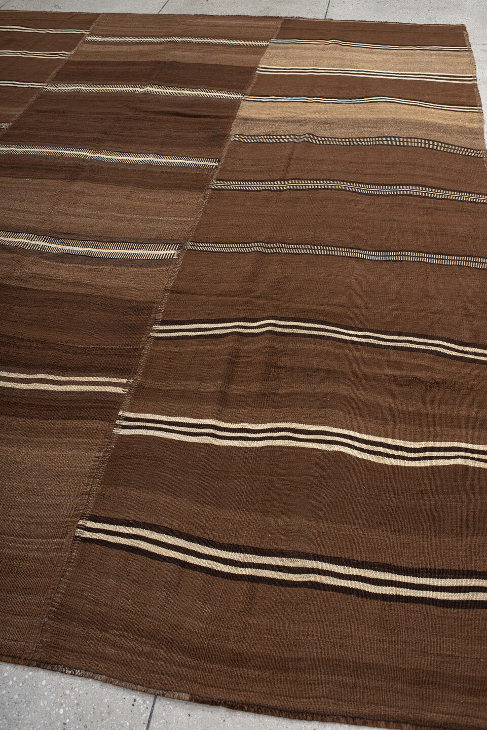 9' x 11' one-of-a-kind handmade vintage Kilim large size rug. Color palette: brown, taupe, camel, ivory, charcoal, beige