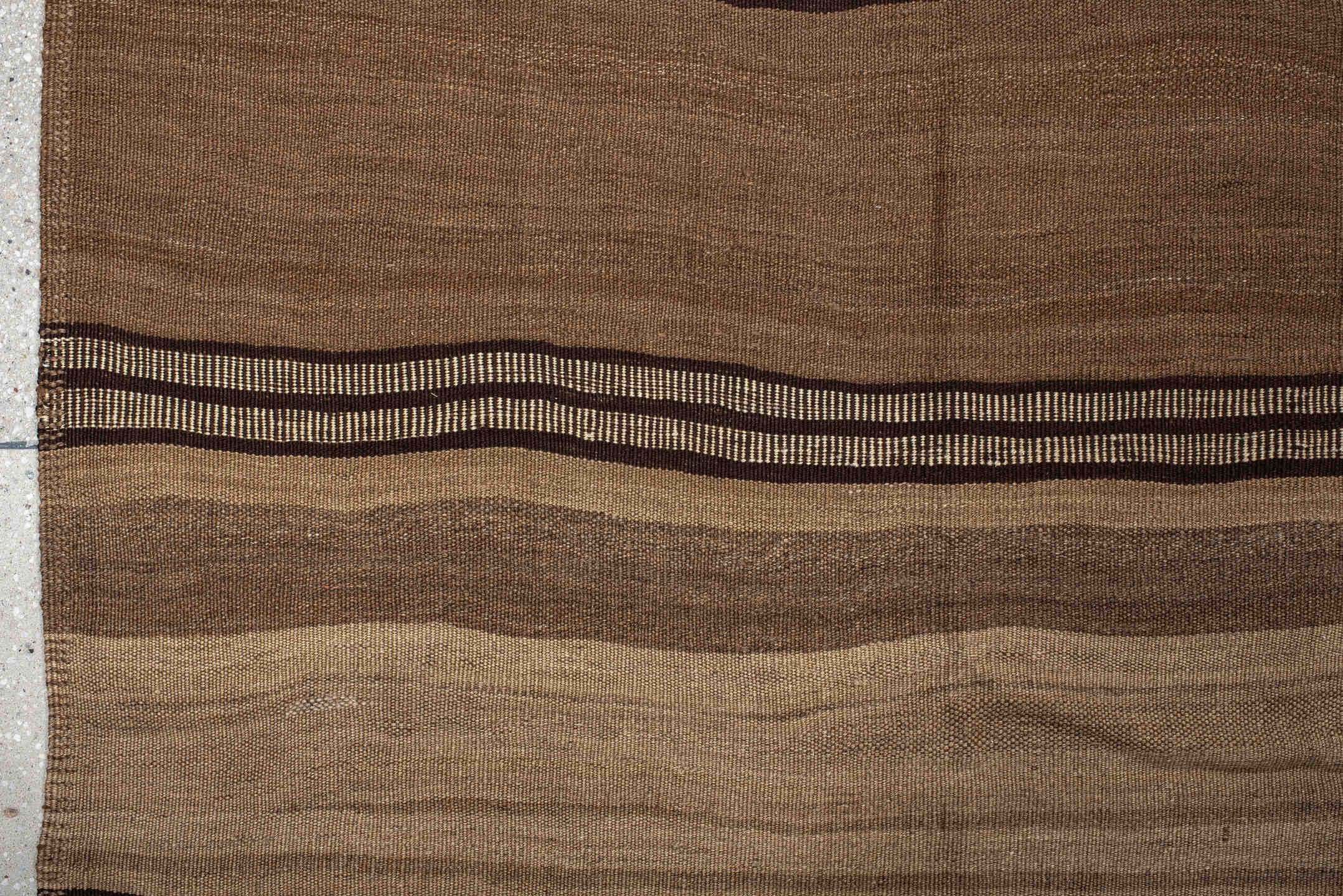 9' x 11' one-of-a-kind handmade vintage Kilim large size rug. Color palette: brown, taupe, camel, ivory, charcoal, beige