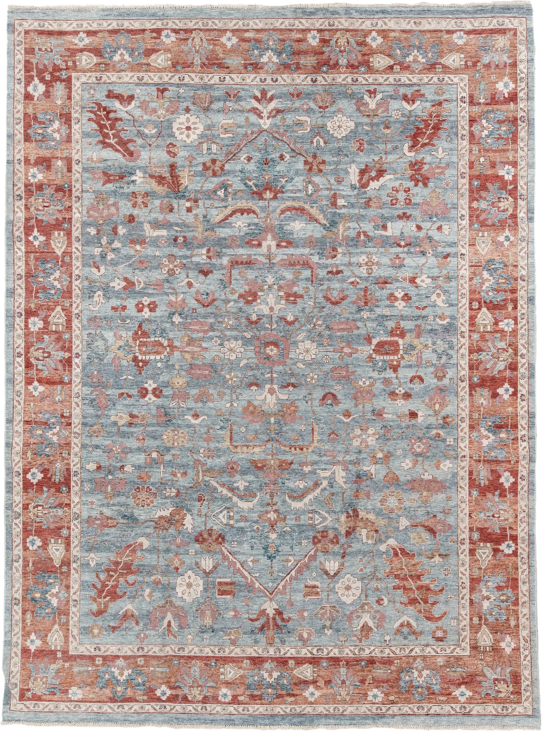 8' x 12' one-of-a-kind handmade vintage Oushak large size rug. Color palette: pale blue, terracotta, ivory, rust, taupe