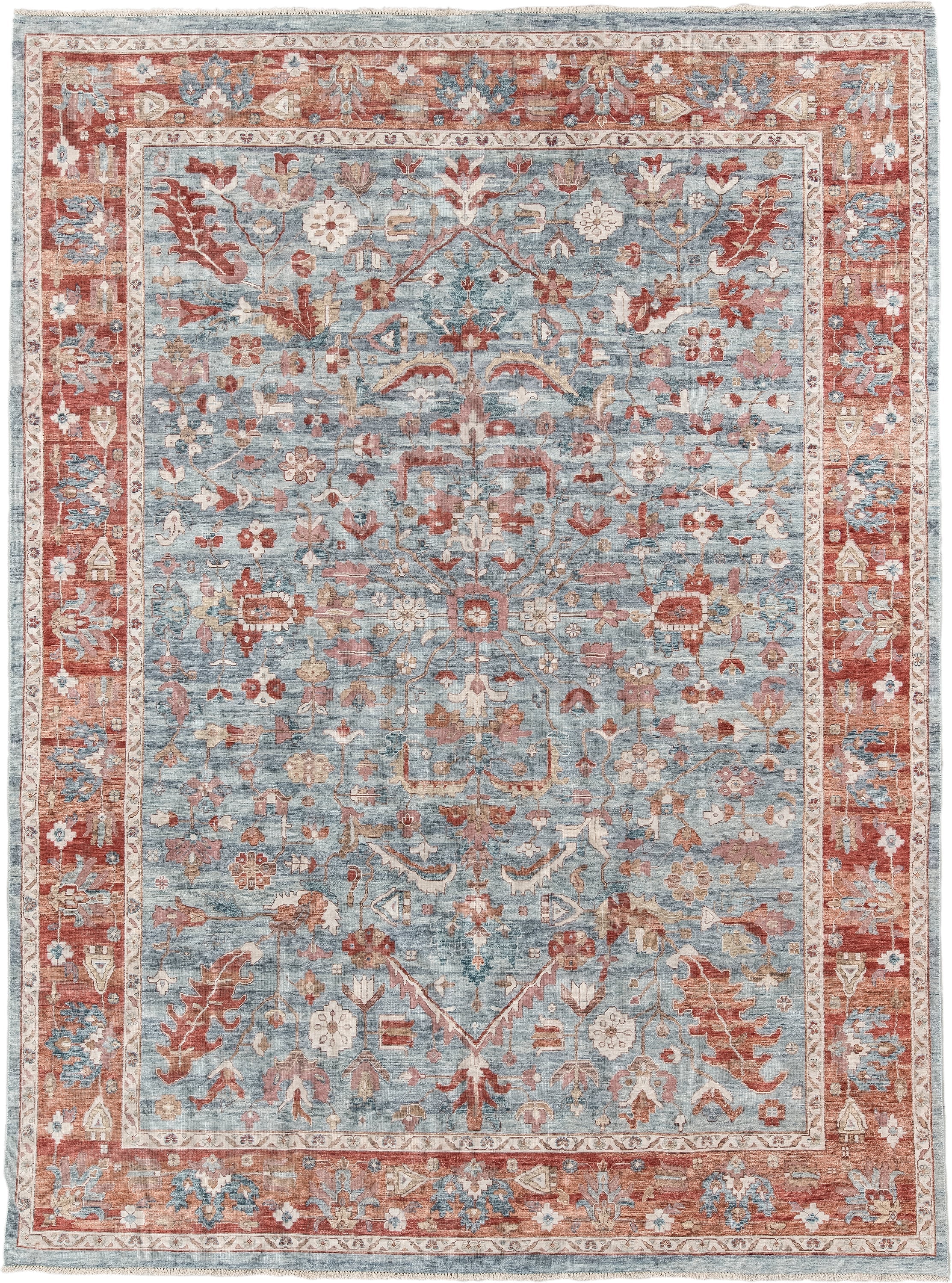 8' x 12' one-of-a-kind handmade vintage Oushak large size rug. Color palette: pale blue, terracotta, ivory, rust, taupe