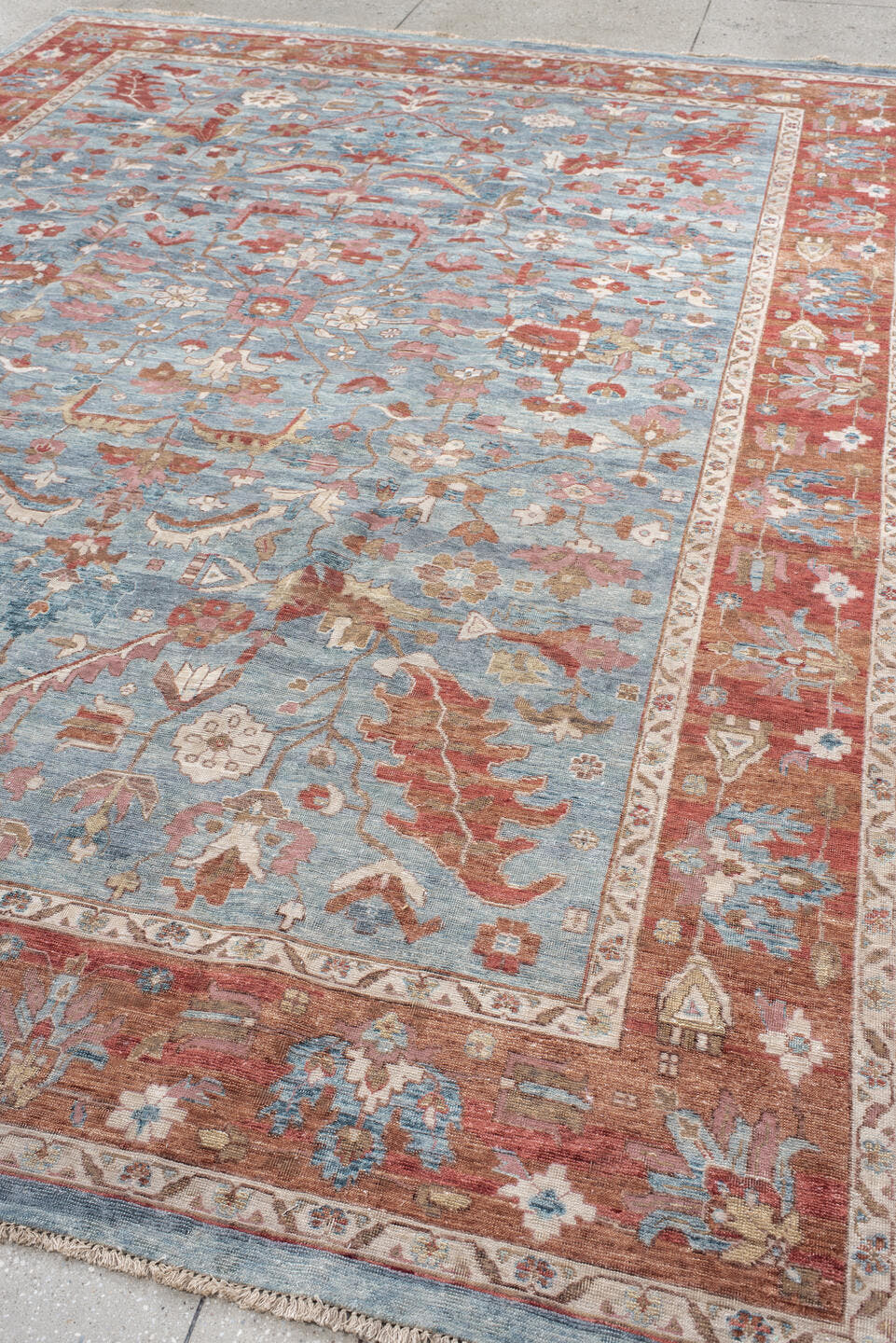 8' x 12' one-of-a-kind handmade vintage Oushak large size rug. Color palette: pale blue, terracotta, ivory, rust, taupe