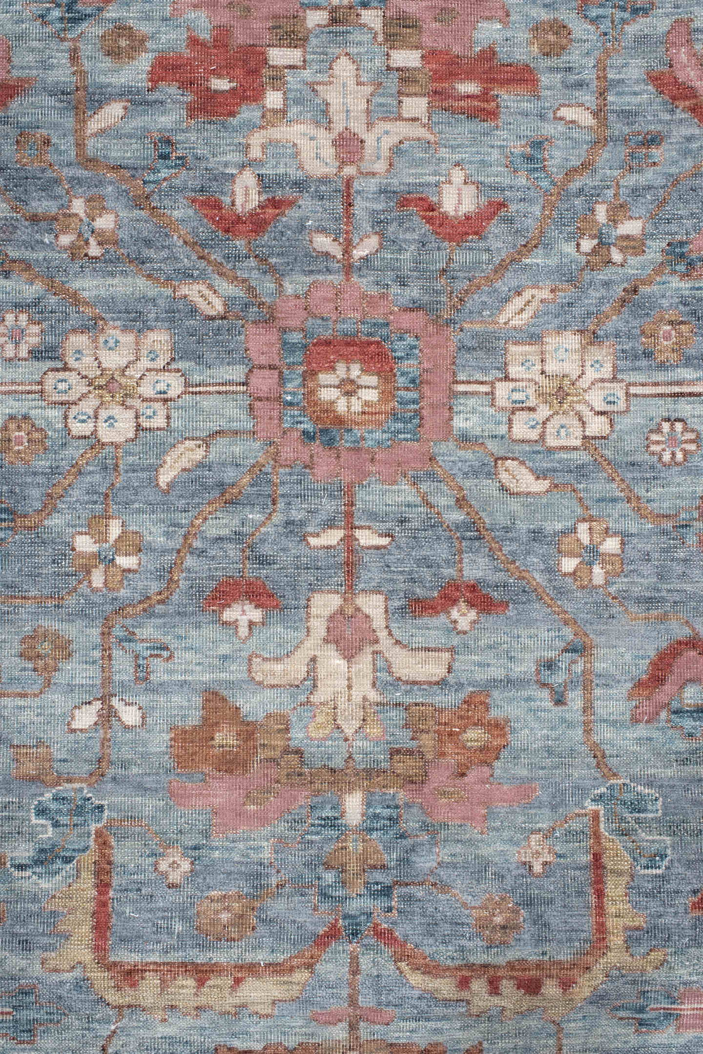 8' x 12' one-of-a-kind handmade vintage Oushak large size rug. Color palette: pale blue, terracotta, ivory, rust, taupe