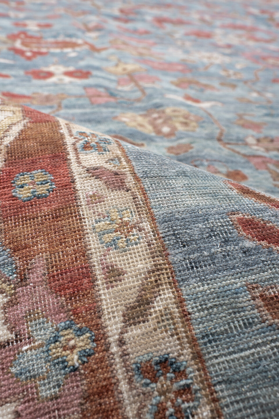 8' x 12' one-of-a-kind handmade vintage Oushak large size rug. Color palette: pale blue, terracotta, ivory, rust, taupe