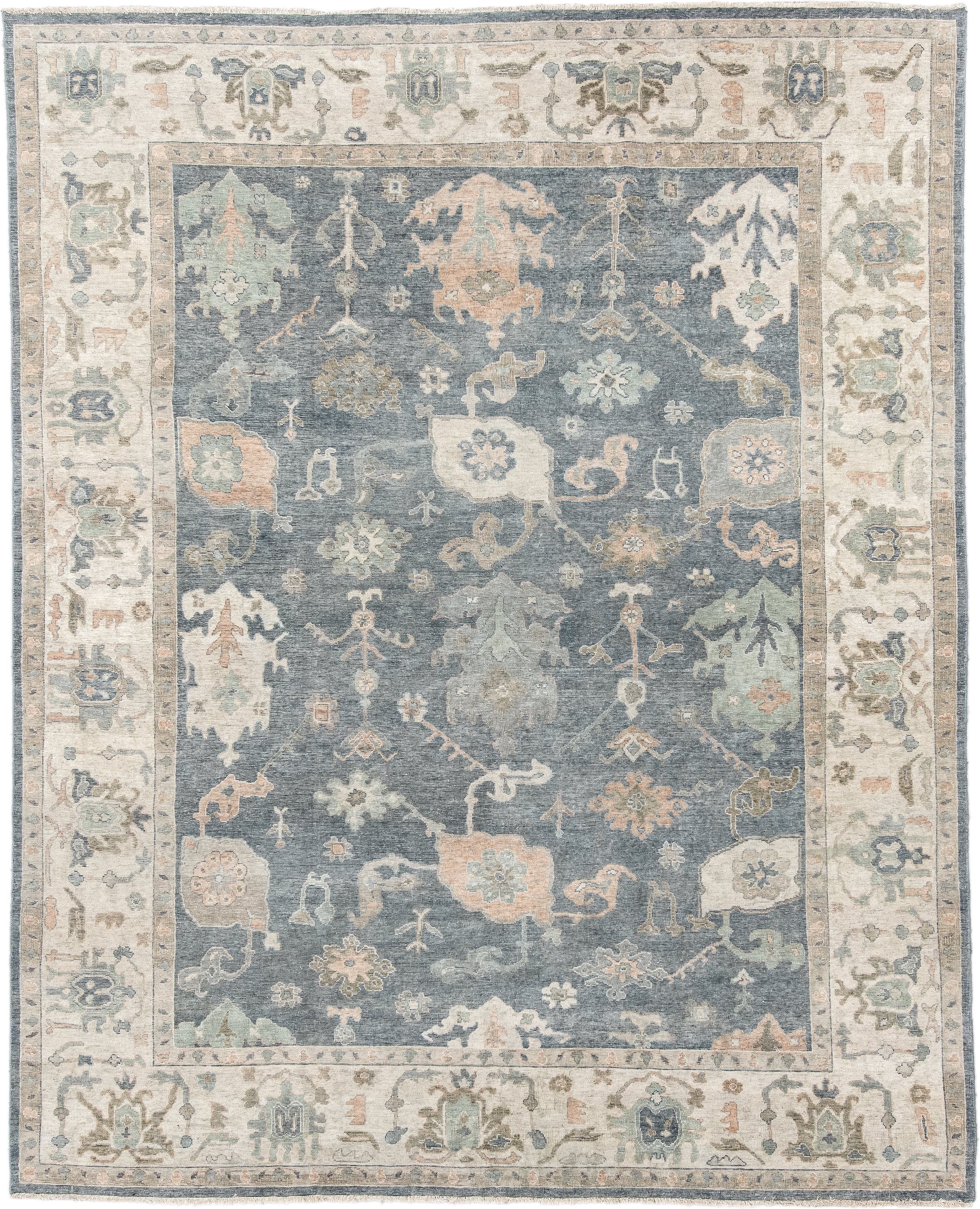 8' x 10' one-of-a-kind handmade vintage Oushak large size rug. Color palette: blue, ivory, sage, blush, taupe, beige, slate