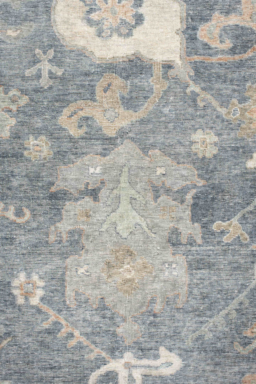 8' x 10' one-of-a-kind handmade vintage Oushak large size rug. Color palette: blue, ivory, sage, blush, taupe, beige, slate