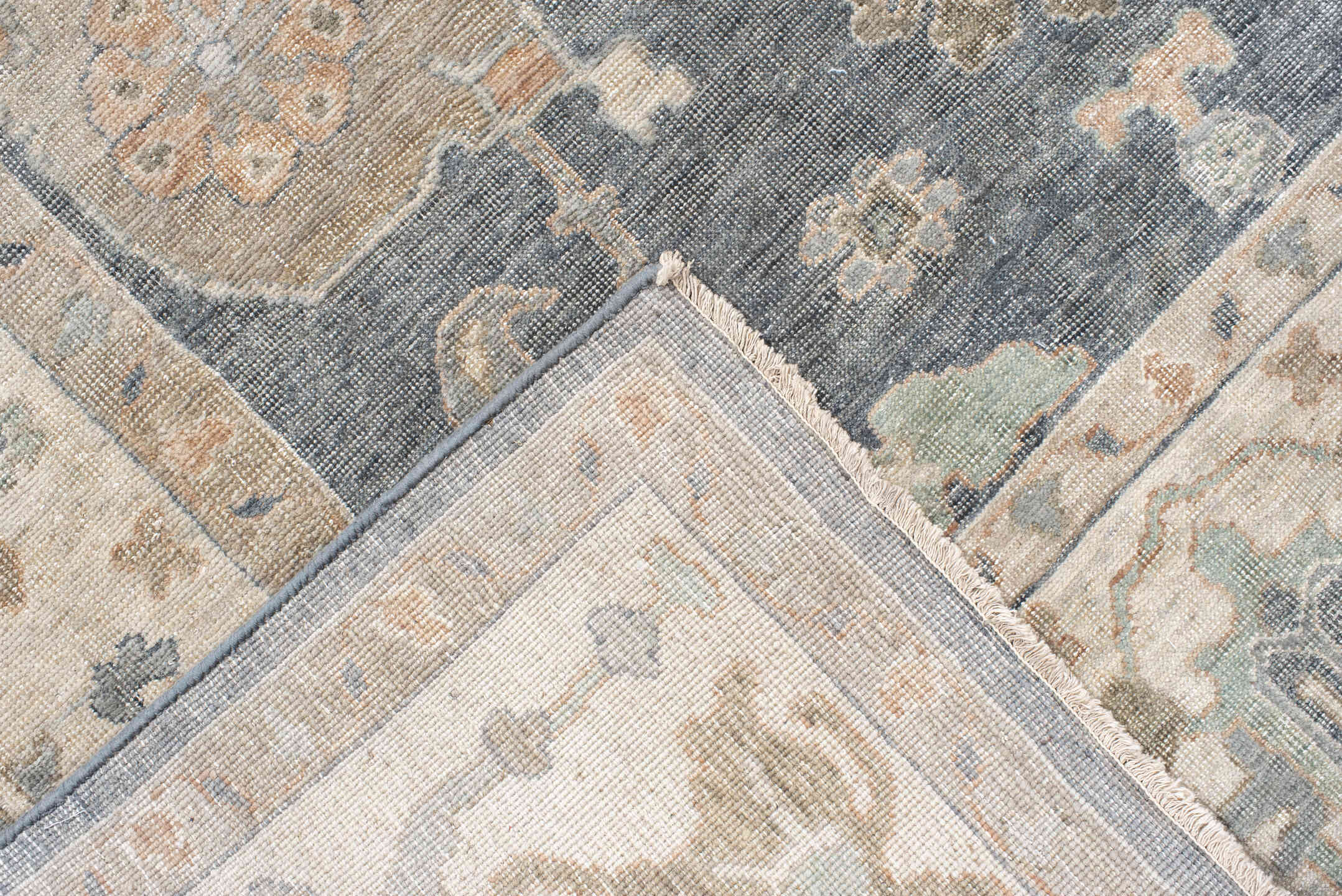 8' x 10' one-of-a-kind handmade vintage Oushak large size rug. Color palette: blue, ivory, sage, blush, taupe, beige, slate