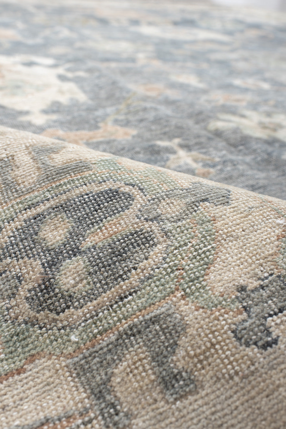 8' x 10' one-of-a-kind handmade vintage Oushak large size rug. Color palette: blue, ivory, sage, blush, taupe, beige, slate