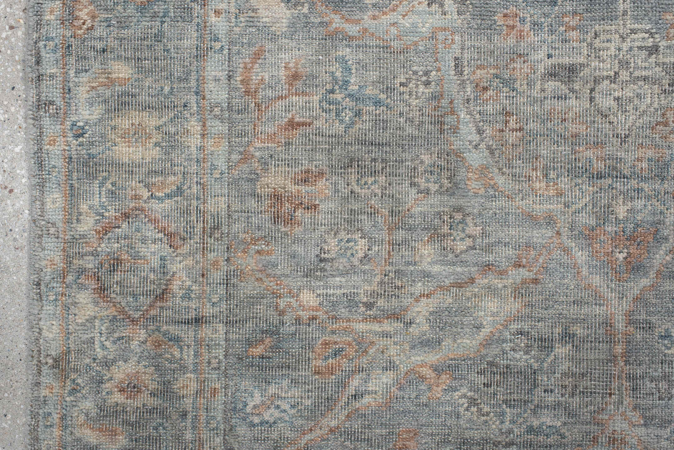 5' x 3' one-of-a-kind handmade vintage Oushak rug. Color palette: gray, light gray, off-white, pink, dim gray, dark gray