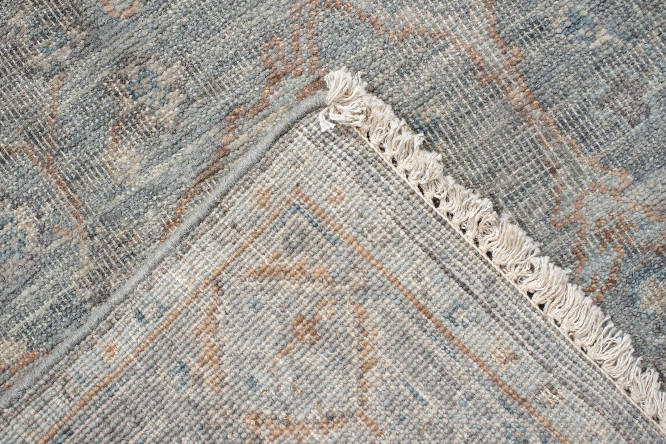 5' x 3' one-of-a-kind handmade vintage Oushak rug. Color palette: gray, light gray, off-white, pink, dim gray, dark gray