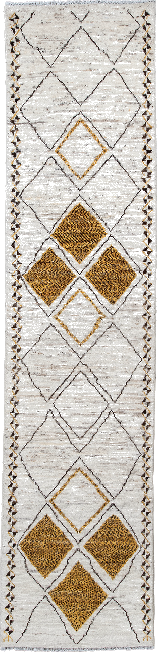 2' x 9' one-of-a-kind handmade vintage Moroccan runner rug. Color palette: black, brown, gainsboro, gray, light gray