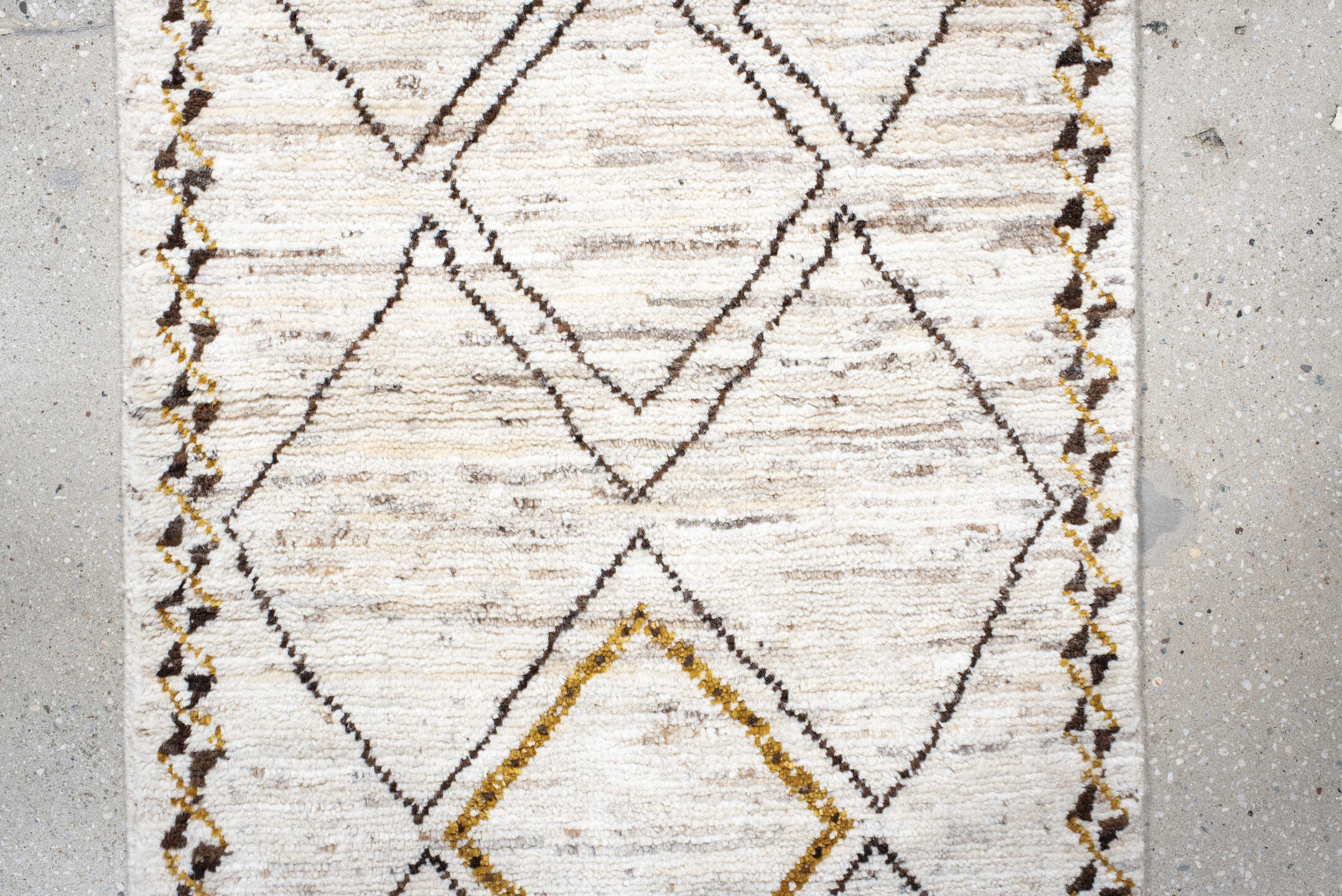 2' x 9' one-of-a-kind handmade vintage Moroccan runner rug. Color palette: ivory, ochre, charcoal, taupe, gold, brown, gray