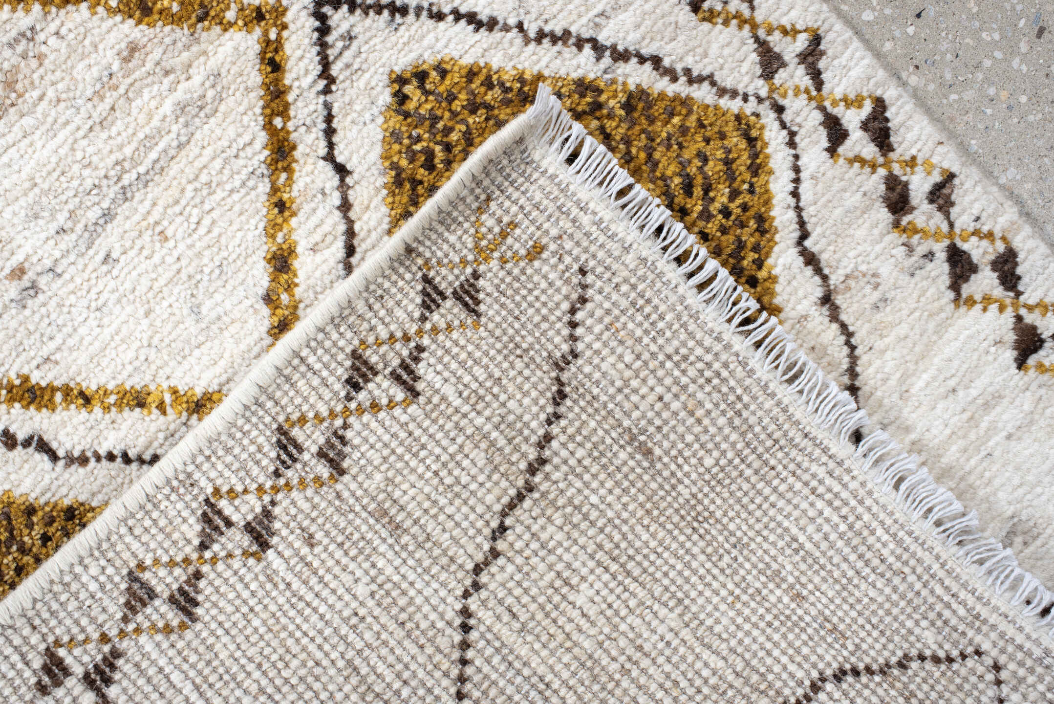 2' x 9' one-of-a-kind handmade vintage Moroccan runner rug. Color palette: ivory, ochre, charcoal, taupe, gold, brown, gray