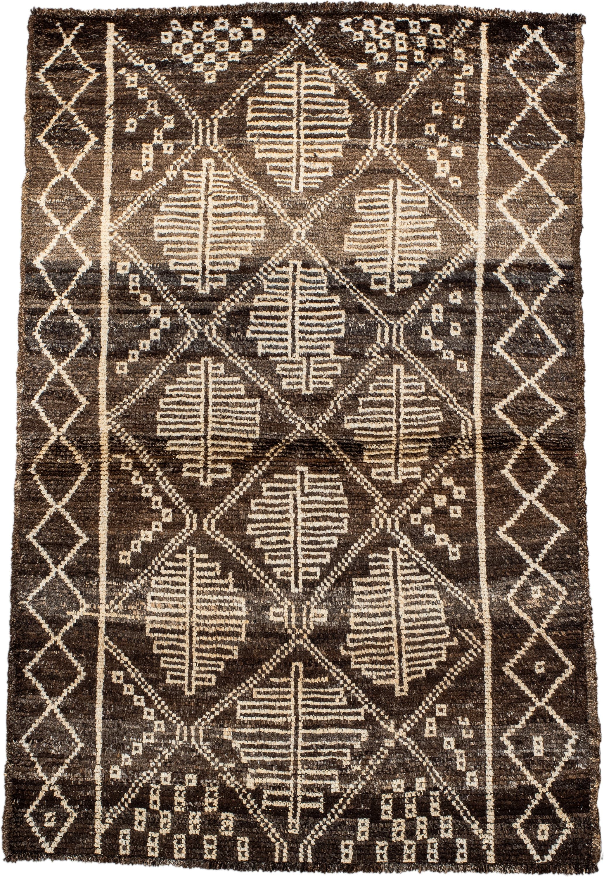 3' x 5' one-of-a-kind handmade vintage Moroccan small size rug. Color palette: brown, ivory, taupe, charcoal, beige, gray