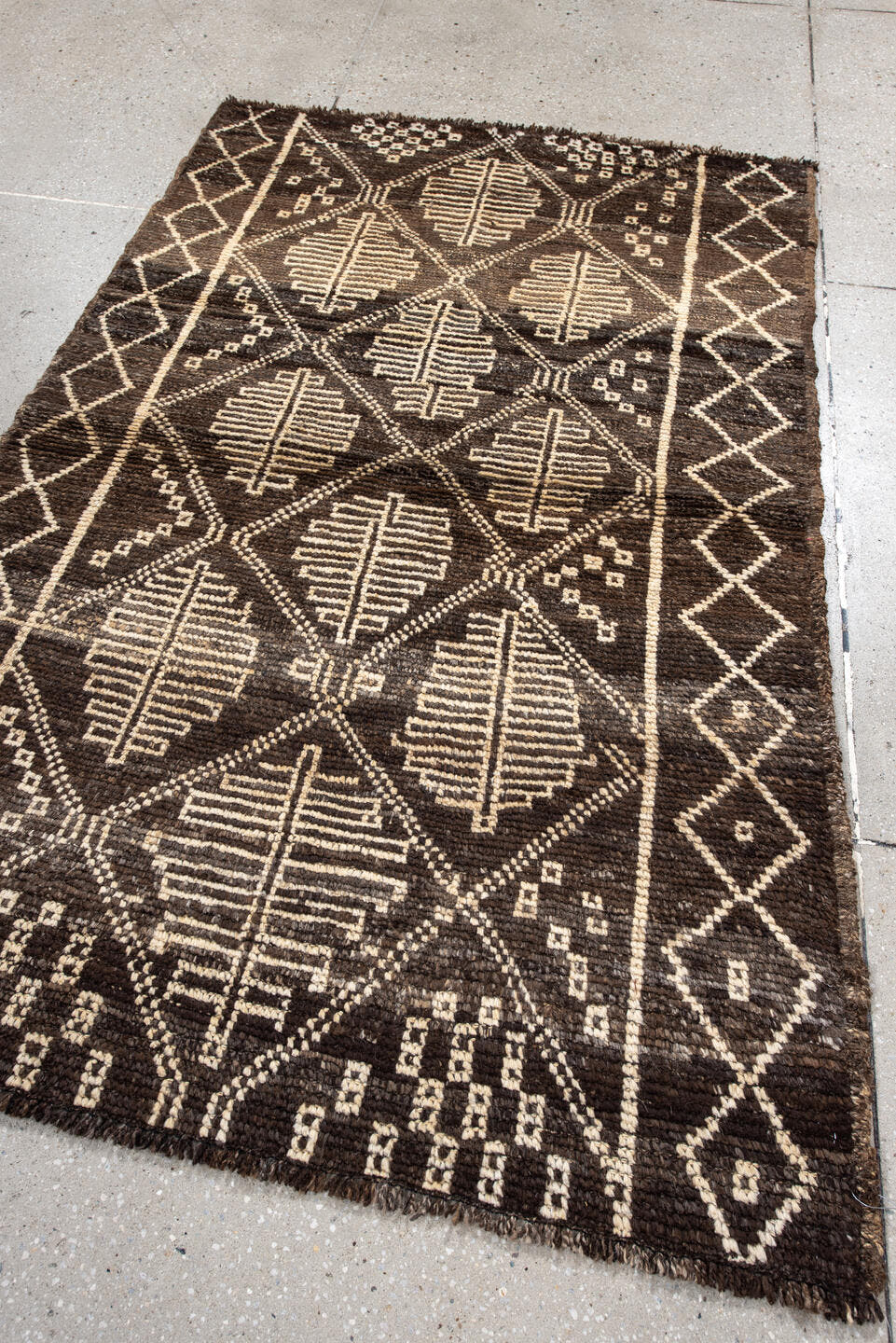 3' x 5' one-of-a-kind handmade vintage Moroccan small size rug. Color palette: brown, ivory, taupe, charcoal, beige, gray