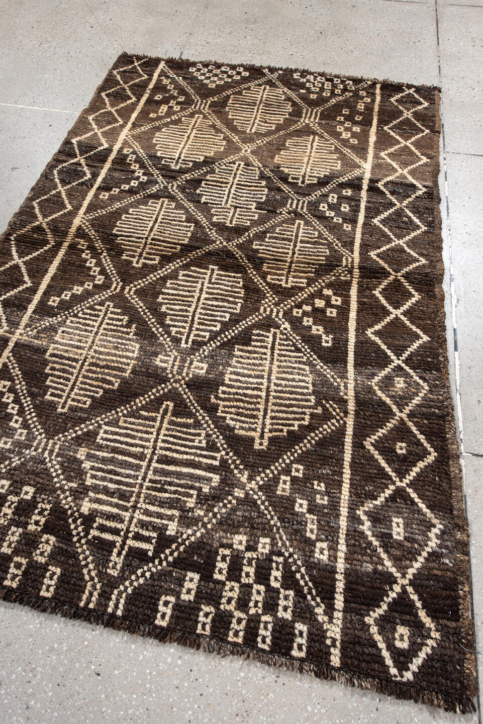 3' x 5' one-of-a-kind handmade vintage Moroccan small size rug. Color palette: brown, ivory, taupe, charcoal, beige, gray