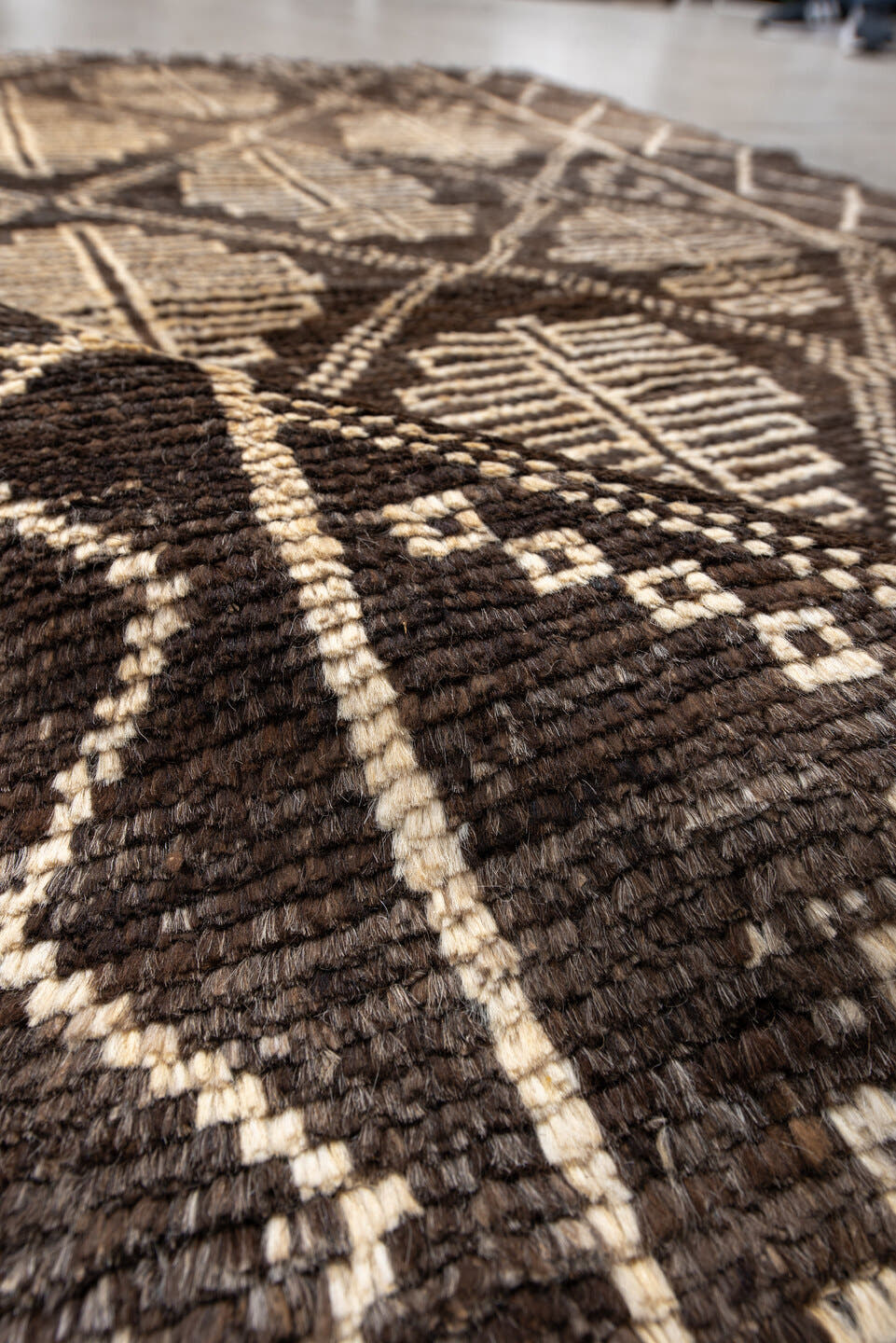 3' x 5' one-of-a-kind handmade vintage Moroccan small size rug. Color palette: brown, ivory, taupe, charcoal, beige, gray