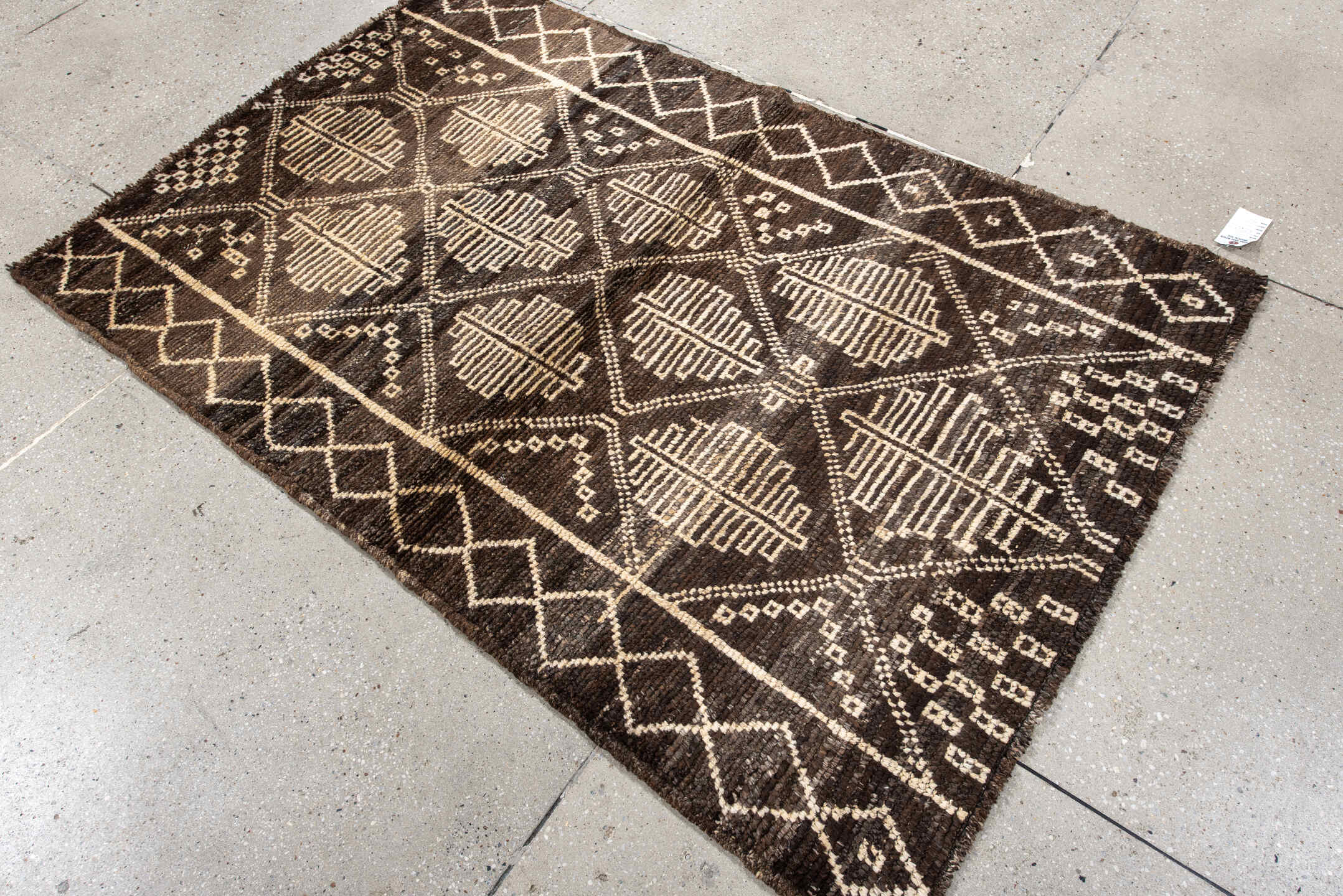 3' x 5' one-of-a-kind handmade vintage Moroccan small size rug. Color palette: brown, ivory, taupe, charcoal, beige, gray