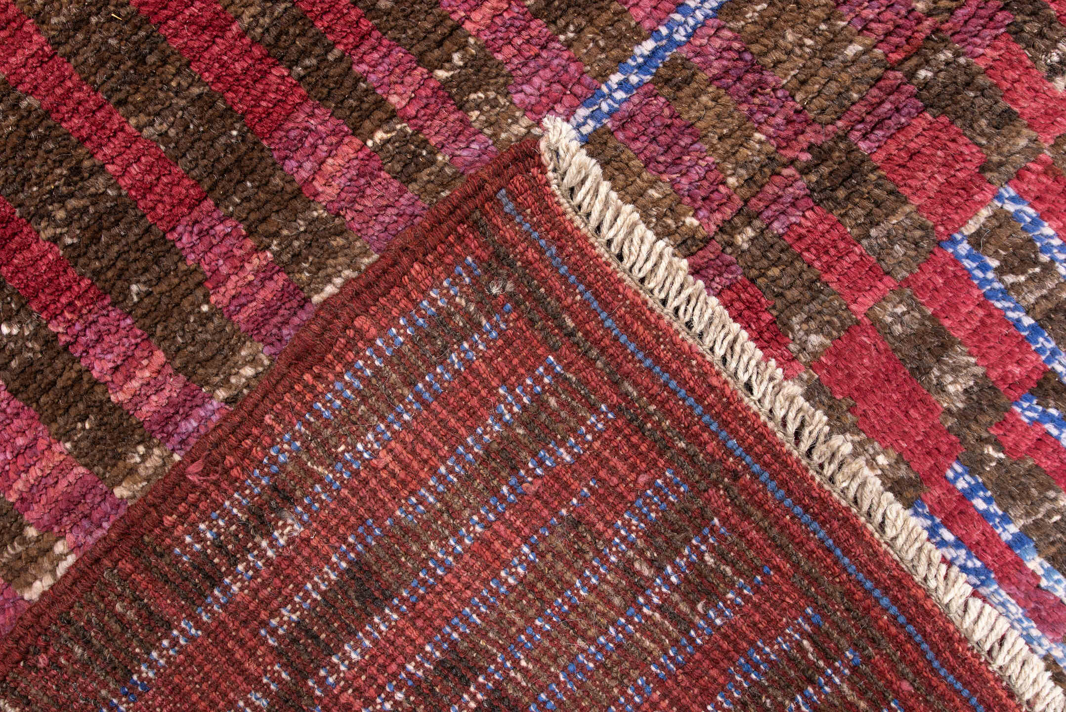 3' x 5' one-of-a-kind handmade vintage Moroccan small size rug. Color palette: brown, crimson, rose, sky blue, burgundy