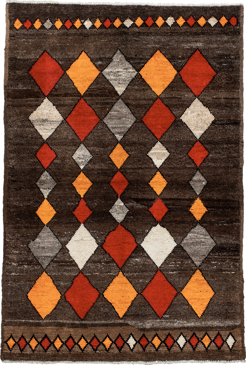 3' x 5' one-of-a-kind handmade vintage Moroccan small size rug. Color palette: black, brown, chocolate, gray, light gray