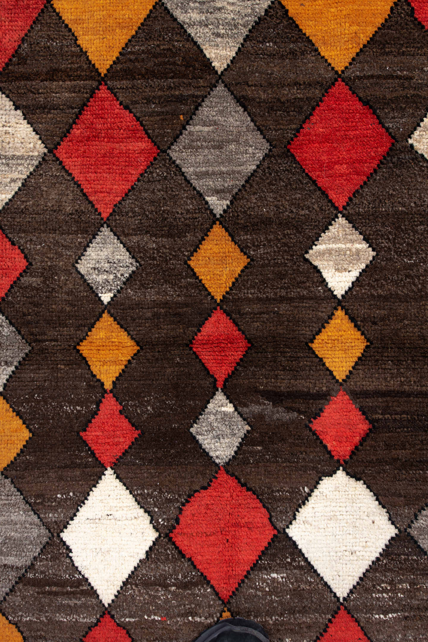 3' x 5' one-of-a-kind handmade vintage Moroccan small size rug. Color palette: brown, rust, saffron, ivory, gray, charcoal