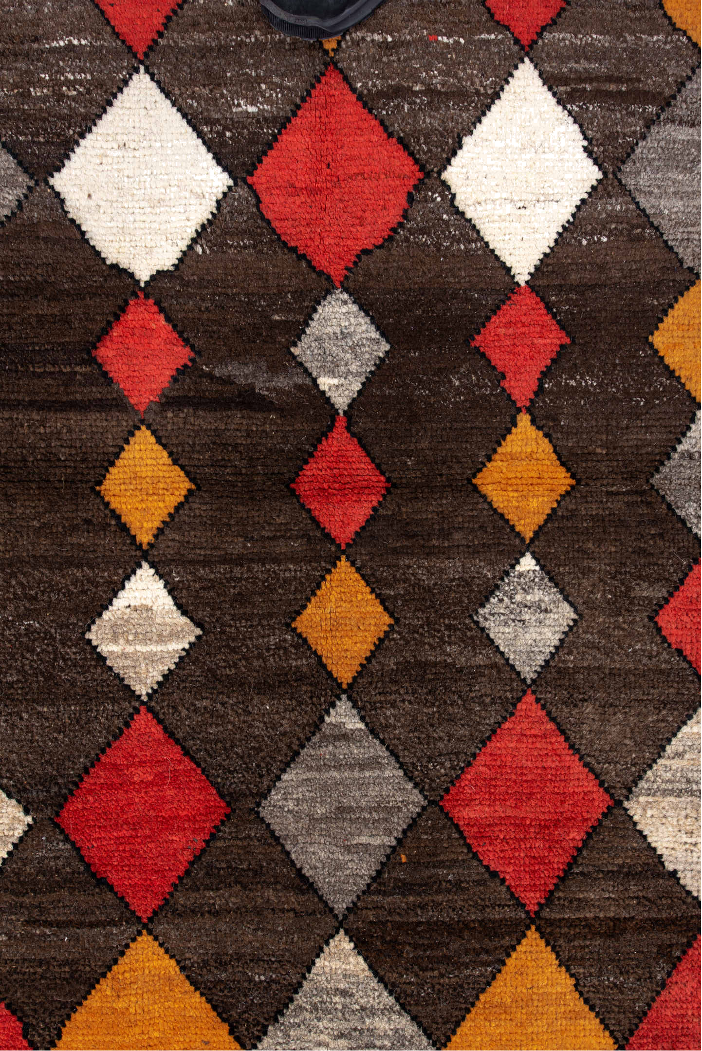 3' x 5' one-of-a-kind handmade vintage Moroccan small size rug. Color palette: black, brown, chocolate, gray, light gray