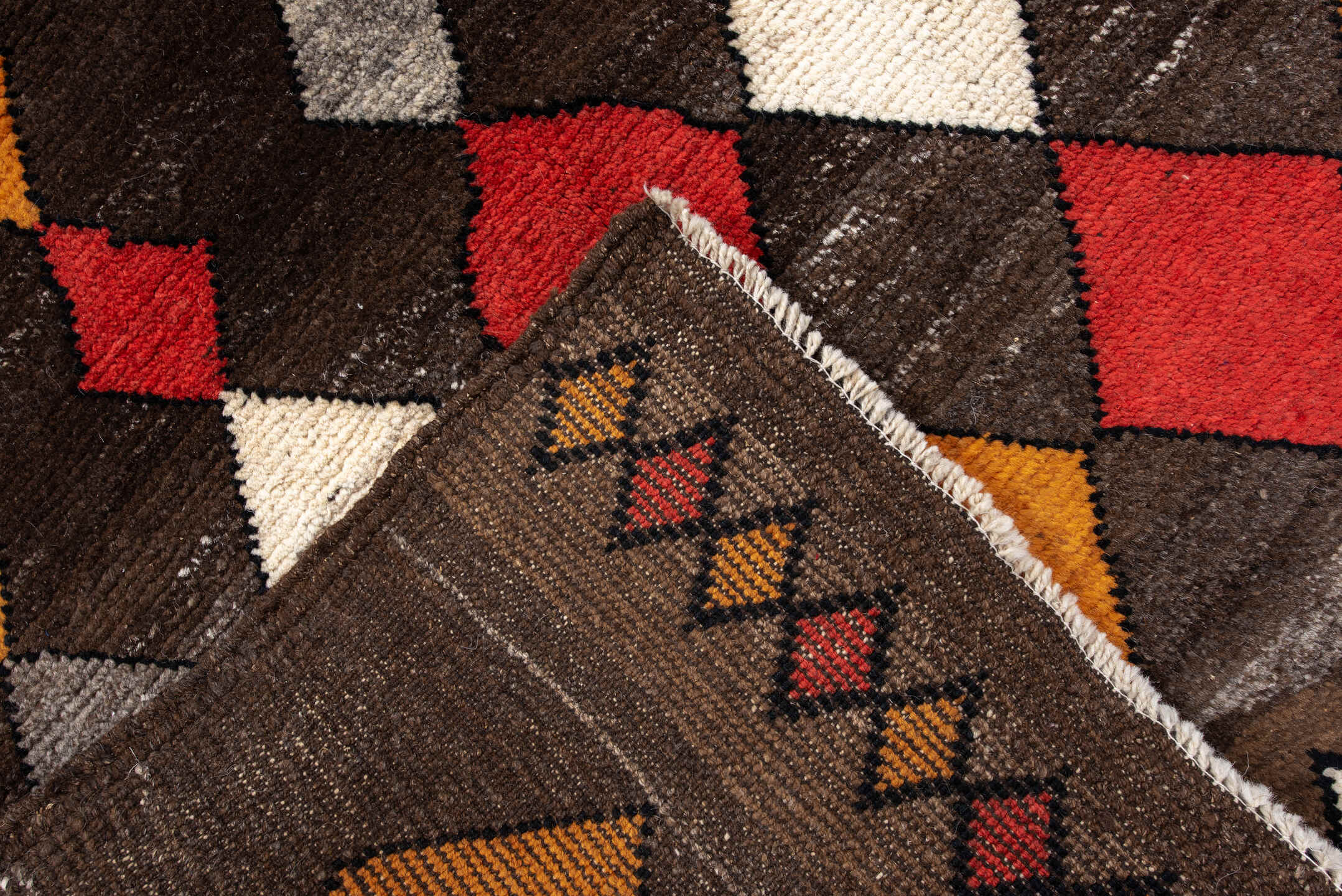 3' x 5' one-of-a-kind handmade vintage Moroccan small size rug. Color palette: brown, rust, saffron, ivory, gray, charcoal