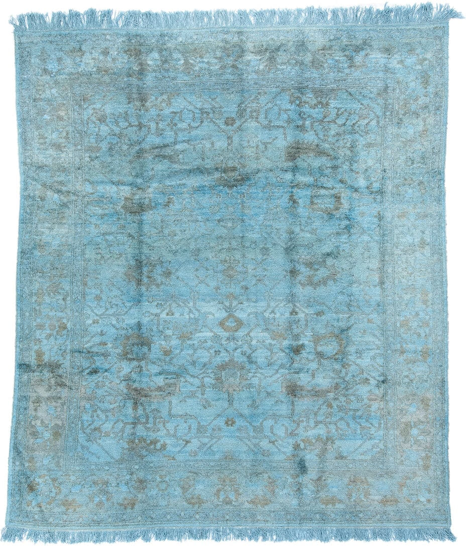 8' x 9' one-of-a-kind handmade vintage Oushak rug. Color palette: sky blue, silver, slate, ice blue, gray, light blue