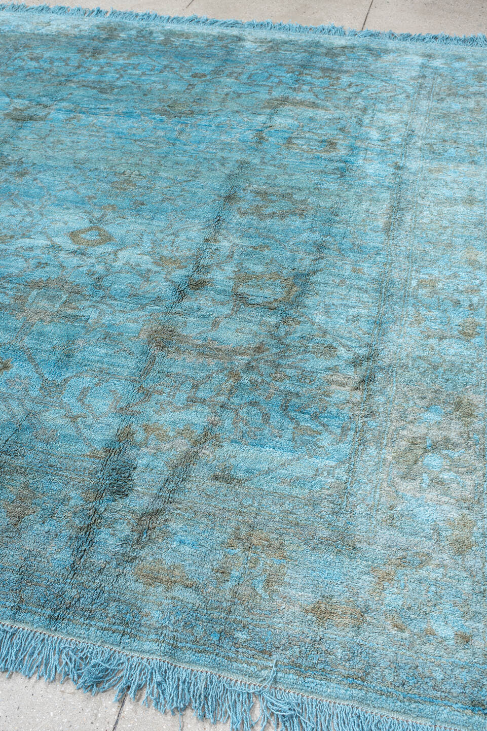 8' x 9' one-of-a-kind handmade vintage Oushak rug. Color palette: sky blue, silver, slate, ice blue, gray, light blue