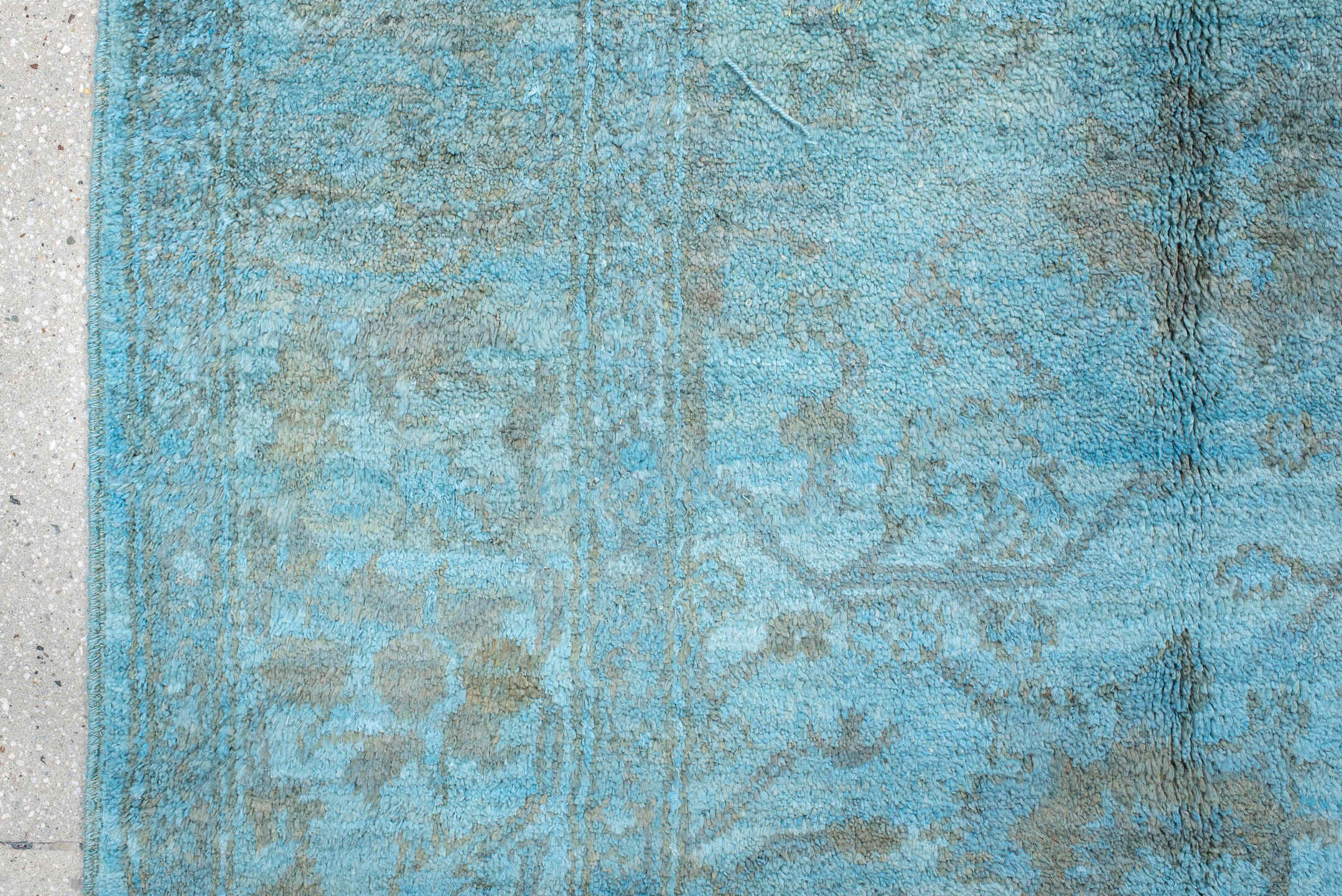 8' x 9' one-of-a-kind handmade vintage Oushak rug. Color palette: sky blue, silver, slate, ice blue, gray, light blue