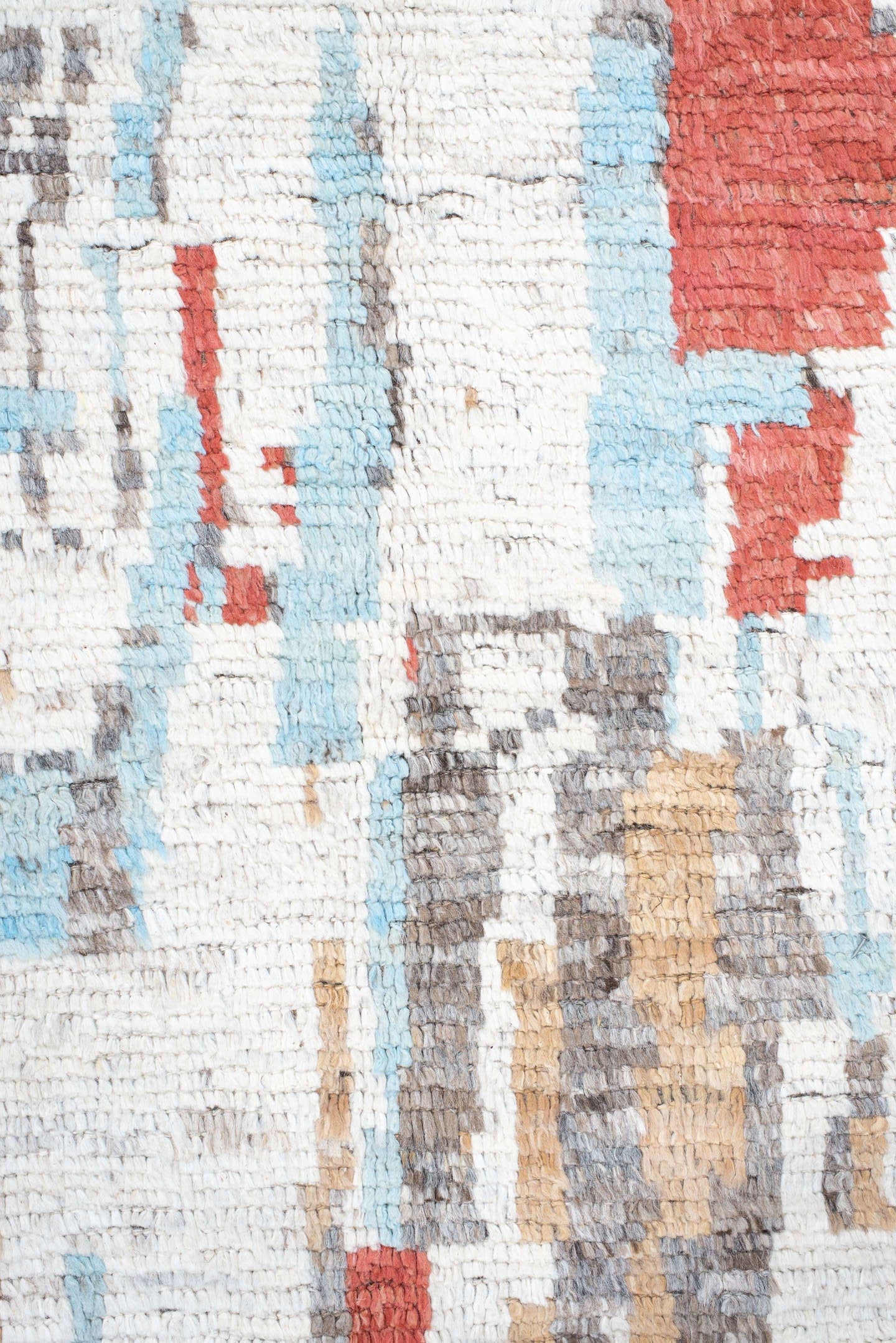 7' x 9' one-of-a-kind handmade vintage Tulu rug. Color palette: ivory, terra cotta, gray, pale aqua, camel, brown