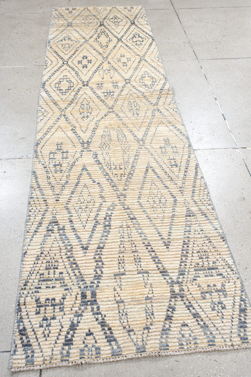 2' x 9' one-of-a-kind handmade vintage Tulu runner rug. Color palette: antiquewhite, beige, blue, brown, dark gray, gray