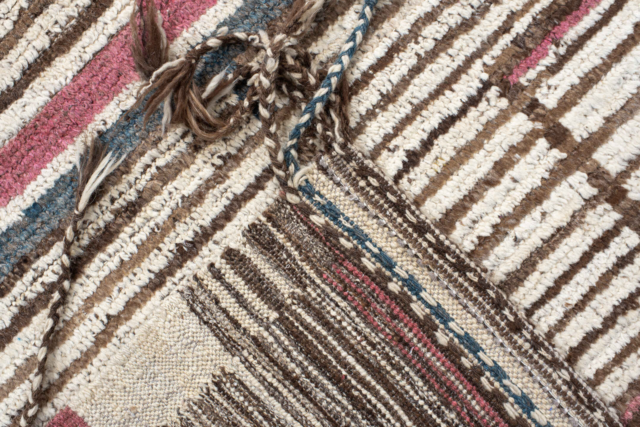 8' x 10' one-of-a-kind handmade vintage Tulu large size rug. Color palette: ivory, brown, rose, pale_blue, taupe, pink, red