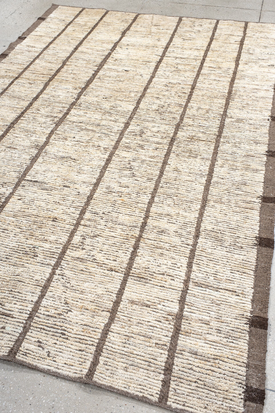 6' x 8' one-of-a-kind handmade vintage Tulu medium size rug. Color palette: ivory, taupe, brown, cream, charcoal, beige