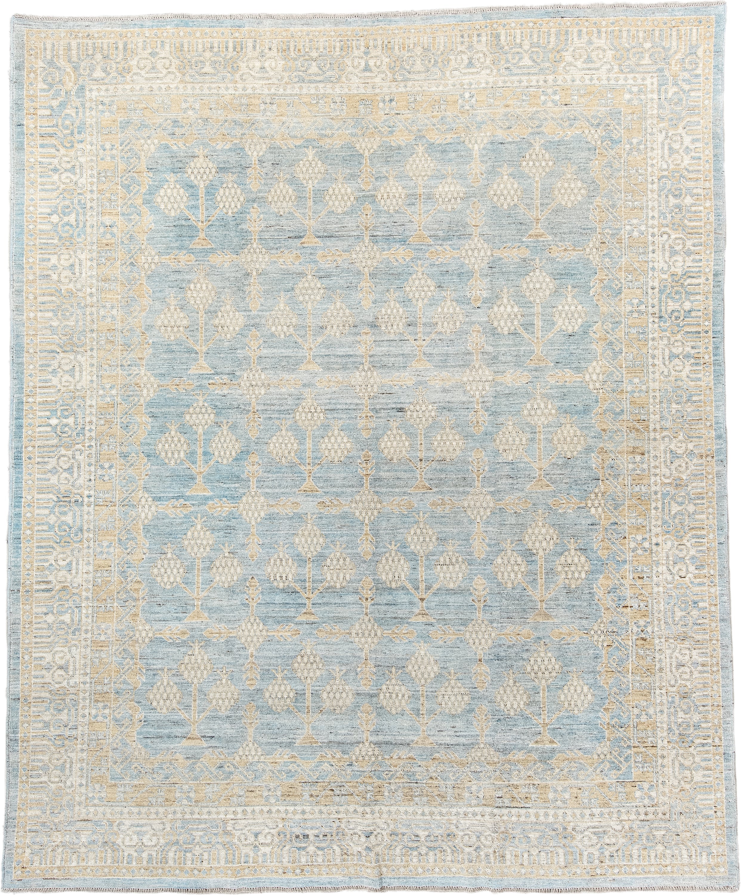 8' x 10' one-of-a-kind handmade vintage Khotan large size rug. Color palette: pale blue, ivory, cream, beige, light gold