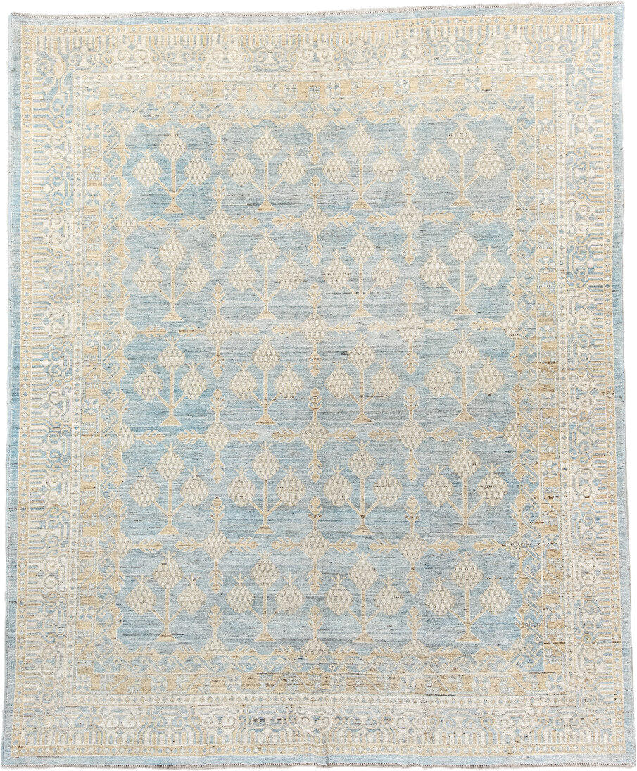 8' x 10' one-of-a-kind handmade vintage Khotan large size rug. Color palette: pale blue, ivory, cream, beige, light gold