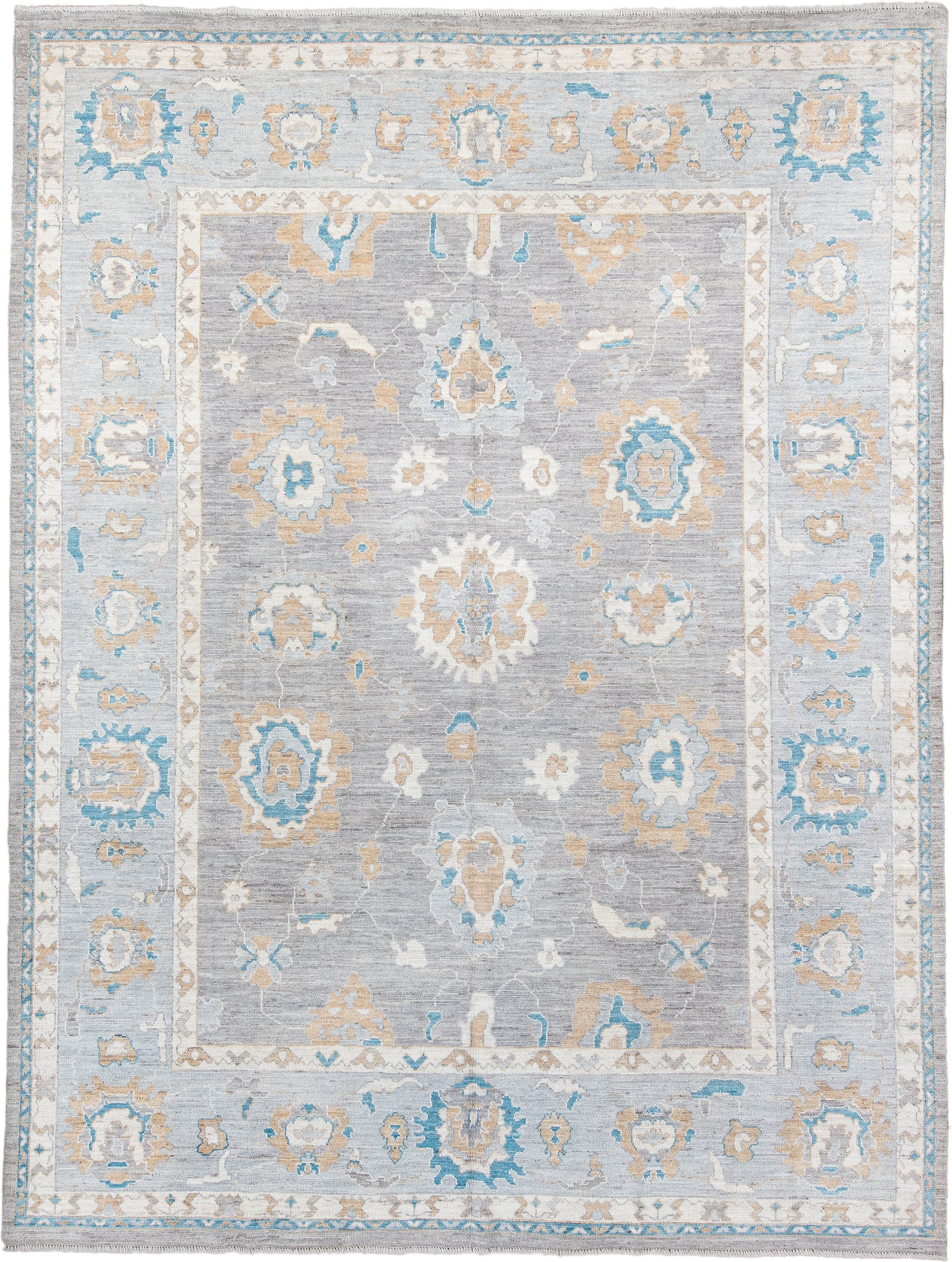 8' x 11' one-of-a-kind handmade vintage Oushak large size rug. Color palette: light gray, ivory, sky blue, beige, taupe
