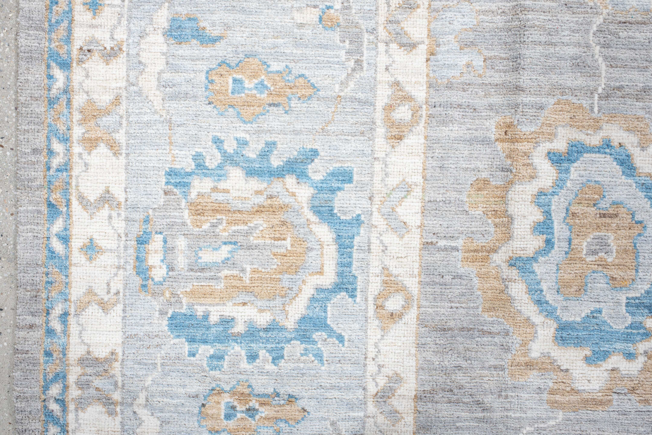 8' x 11' one-of-a-kind handmade vintage Oushak large size rug. Color palette: light gray, ivory, sky blue, beige, taupe
